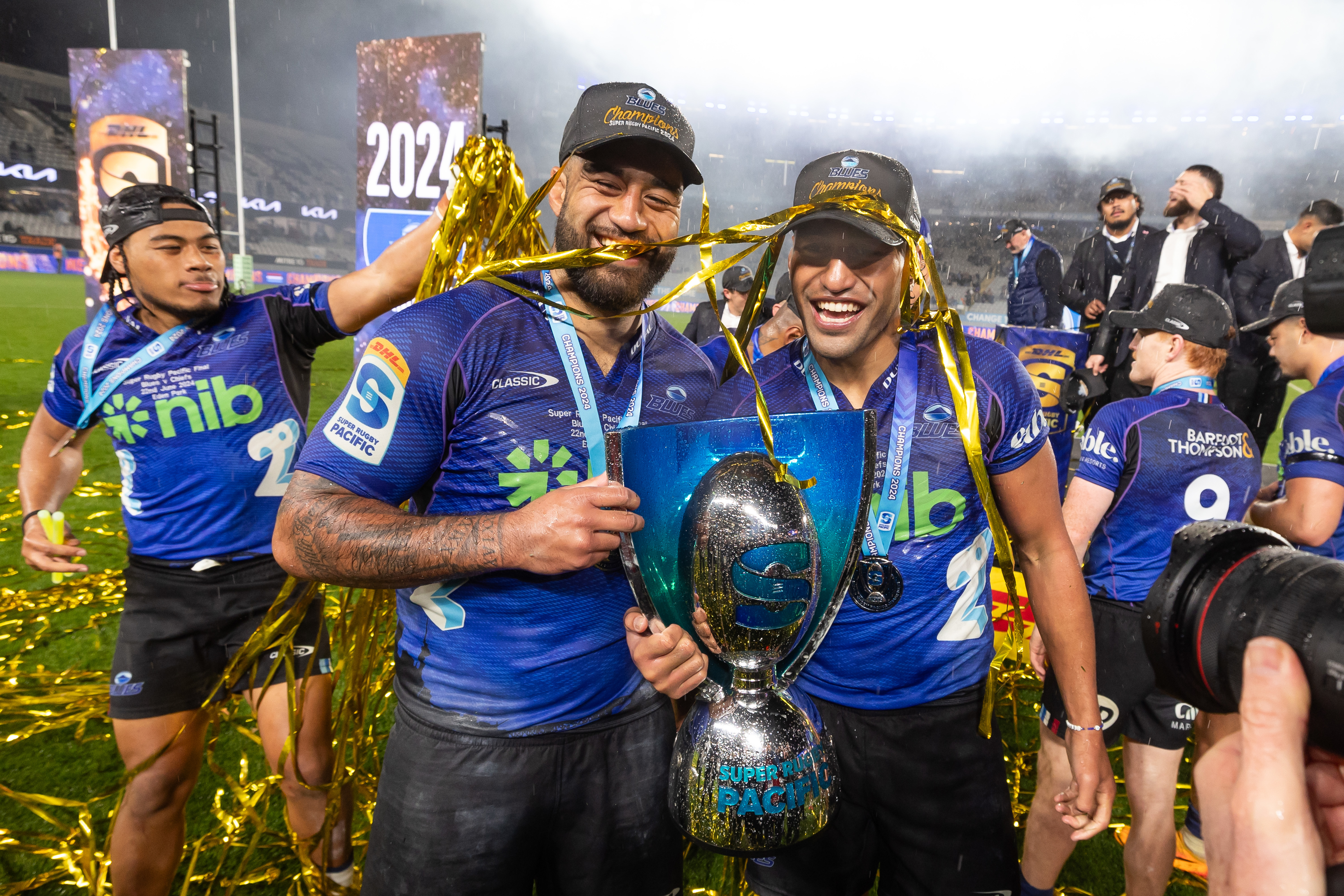 Blues brothers Akira Ioane and Rieko Ioane celebrate winning the Super Rugby title. Photo / Photosport