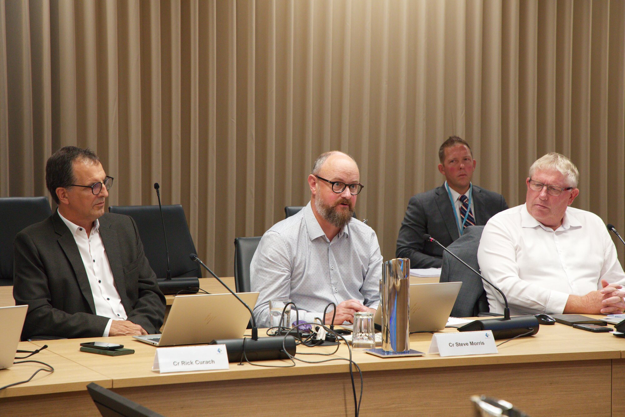 Tauranga City councillors Rick Curach, Steve Morris and Marten Rozeboom at Monday morning's emergency council meeting. Photo / Jo Jones