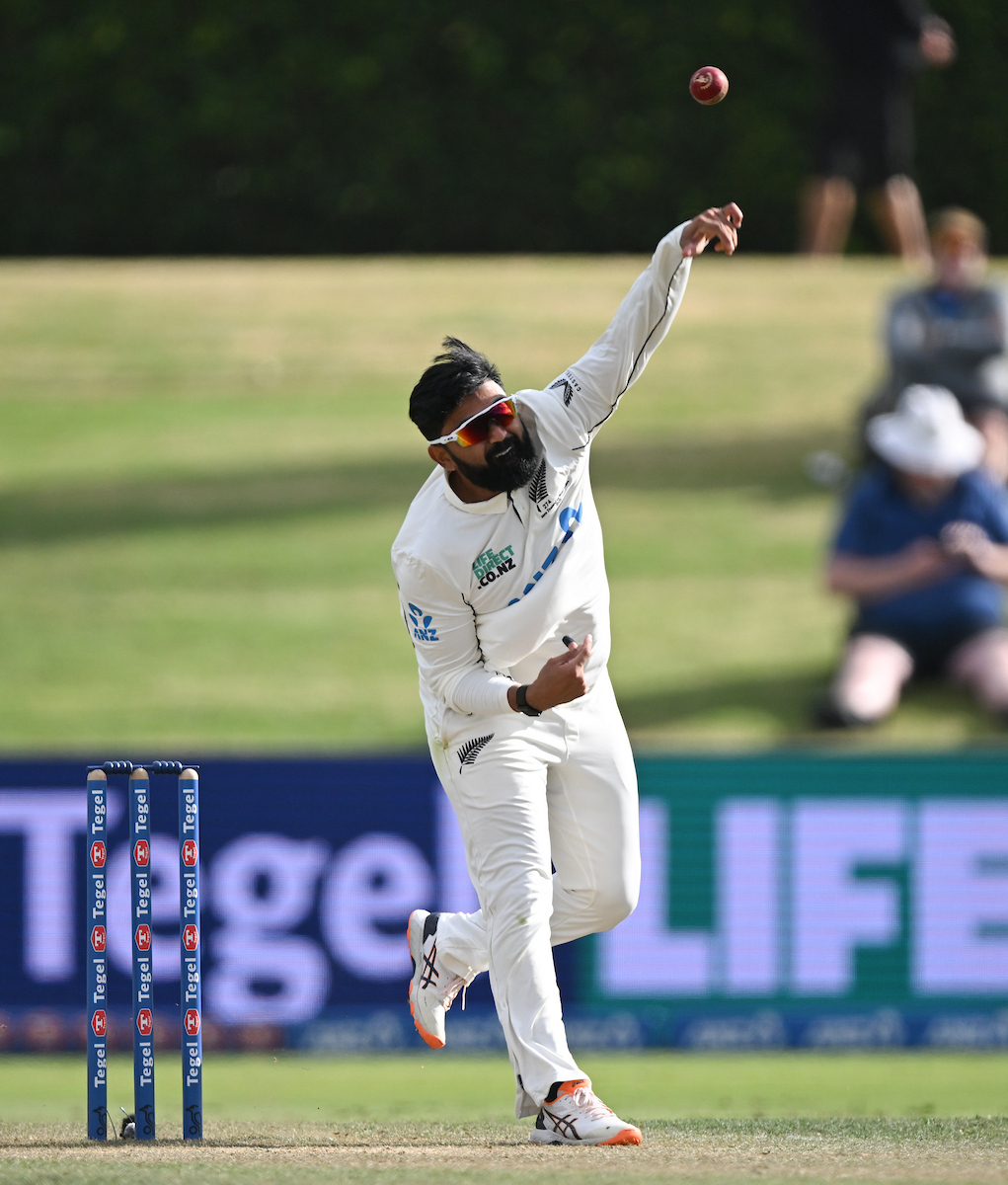 Ajaz Patel bowls on day two of the third test between the Black Caps and West Indies. Photo / Photosport