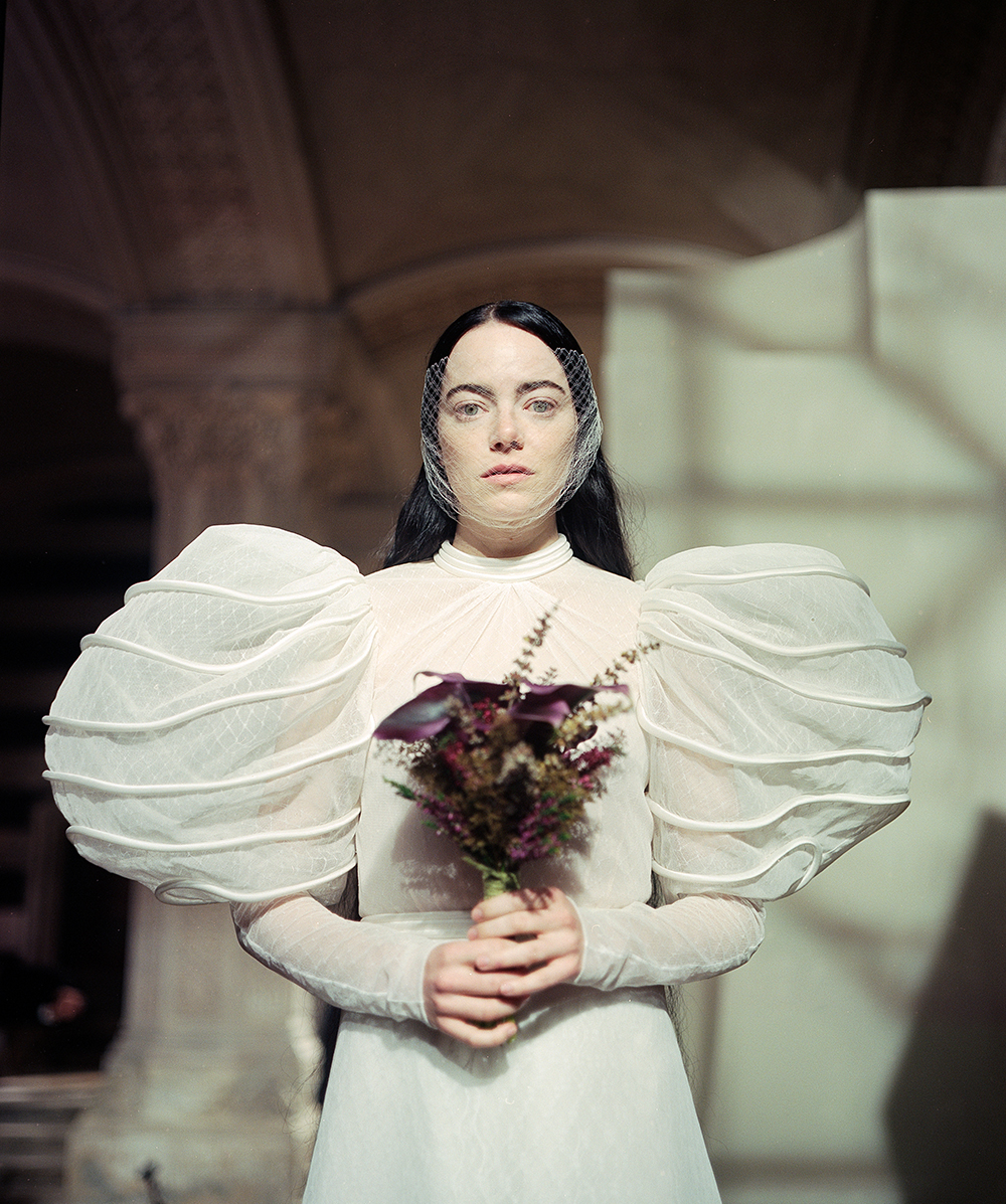 Bella Baxter’s wedding dress has elaborate sleeves, like many of the costumes Stone wears in the film. Photo / Searchlight Pictures