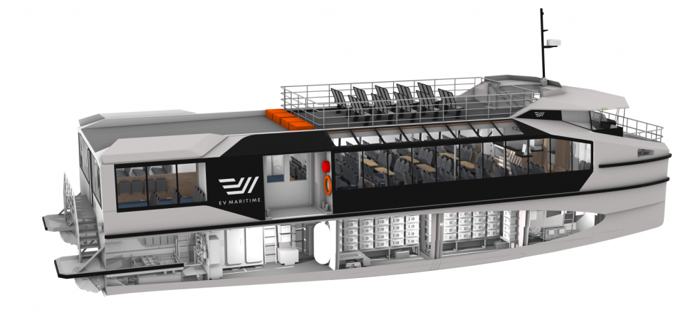 An artist's impression of EV Maritime's 200-passenger electric ferry, which will be built by East Tamaki boatbuilder McMullen & Wing and Hobsonville Point's Yachting Developments. Image / Supplied