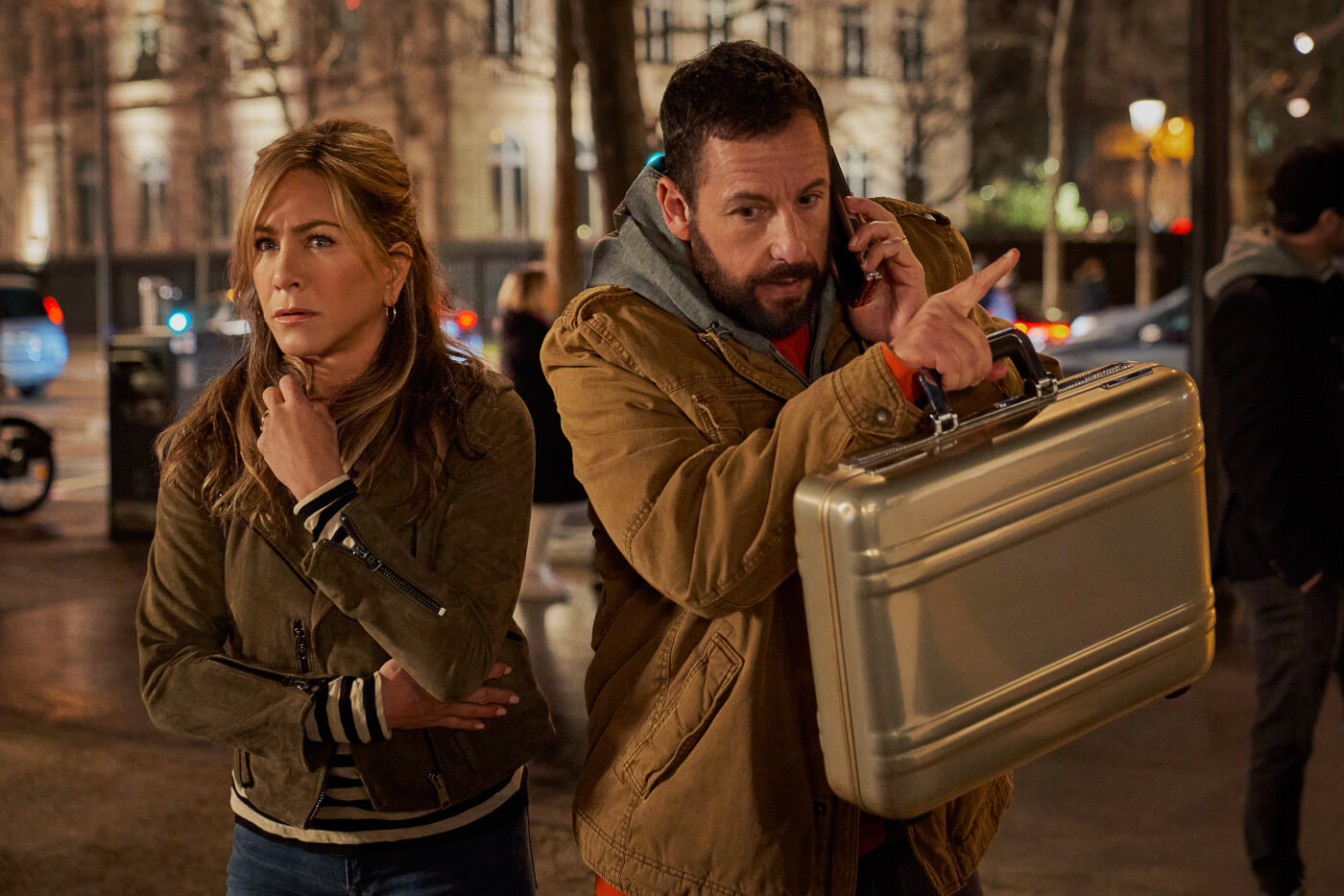 Jennifer Aniston and Adam Sandler in Murder Mystery 2. Photo / Netflix