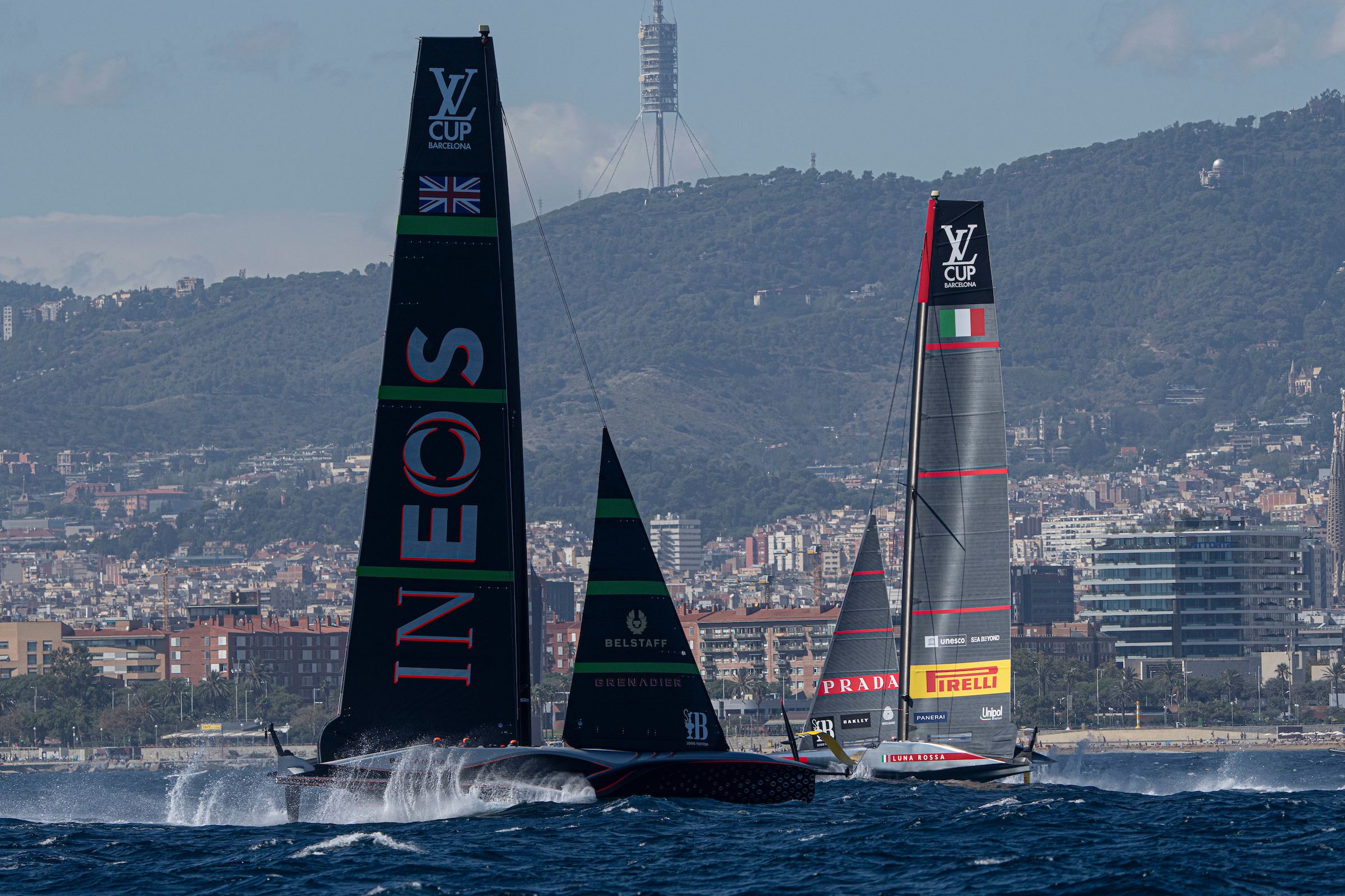 Ineos Britannia and Luna Rossa Prada Pirelli ended the opening day of the Louis Vuitton Cup final level at 1-1. Photo / Ian Roman, America's Cup