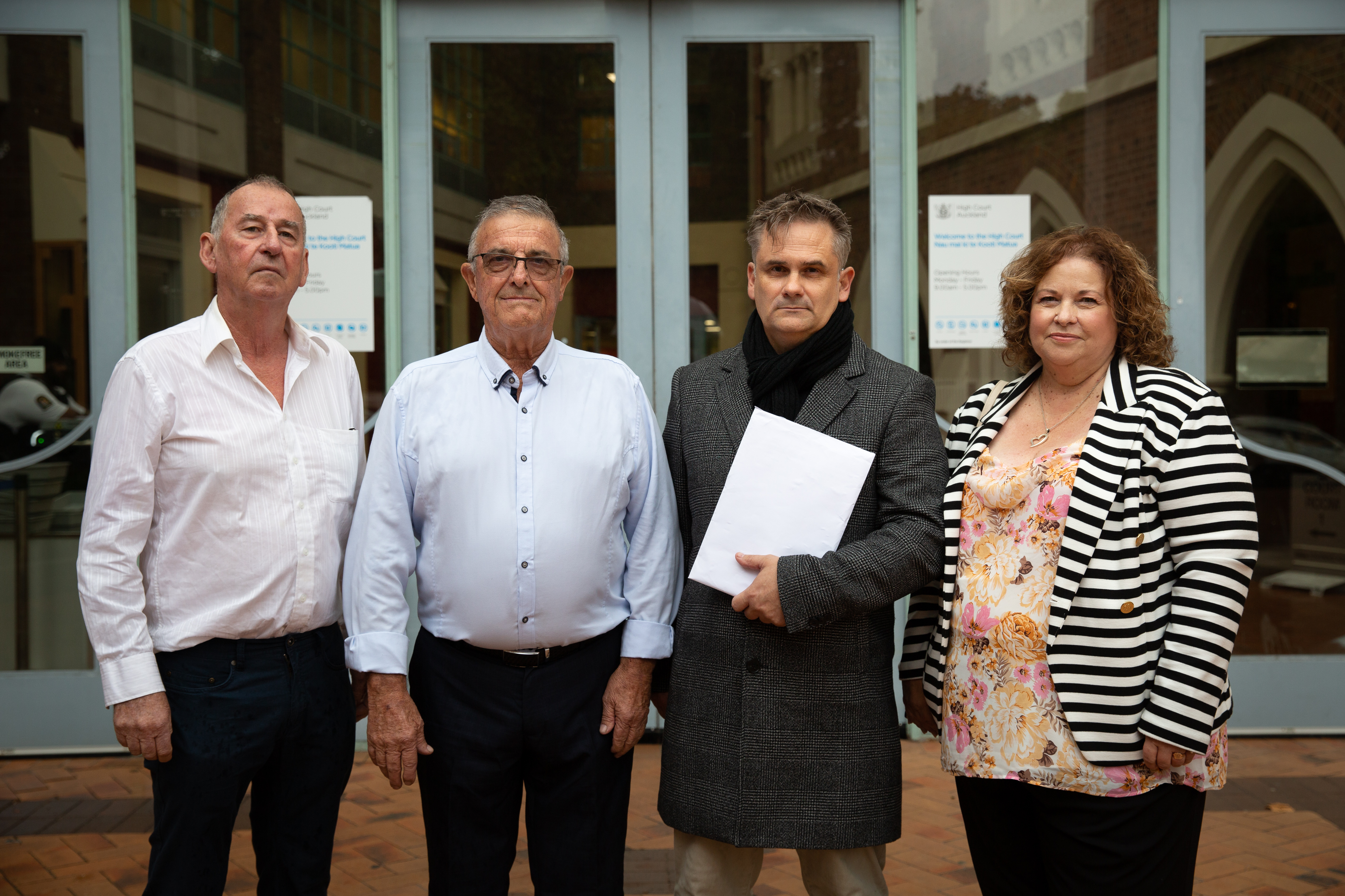 Members of the Western Springs Speedway Association, who filed legal papers for a judicial review at the High Court in Auckland today. From left: chairman Lance Anderson, treasurer Ron Kendall, spokesman Jason Jones, and secretary Susanne Davis. Photo / Sylvie Whinray