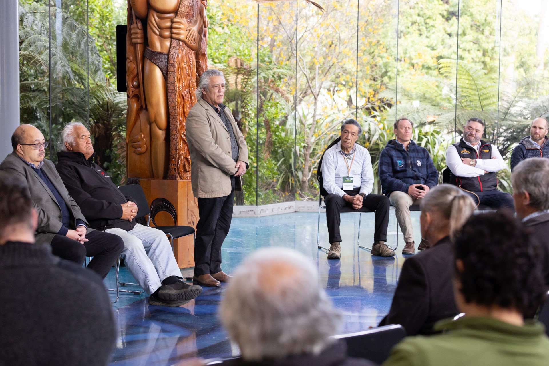Haami Piripi, interim chairman of Te-Oneroa-a-Tōhe Beach Management Board, speaks at the pōwhiri held at Te Ahu.