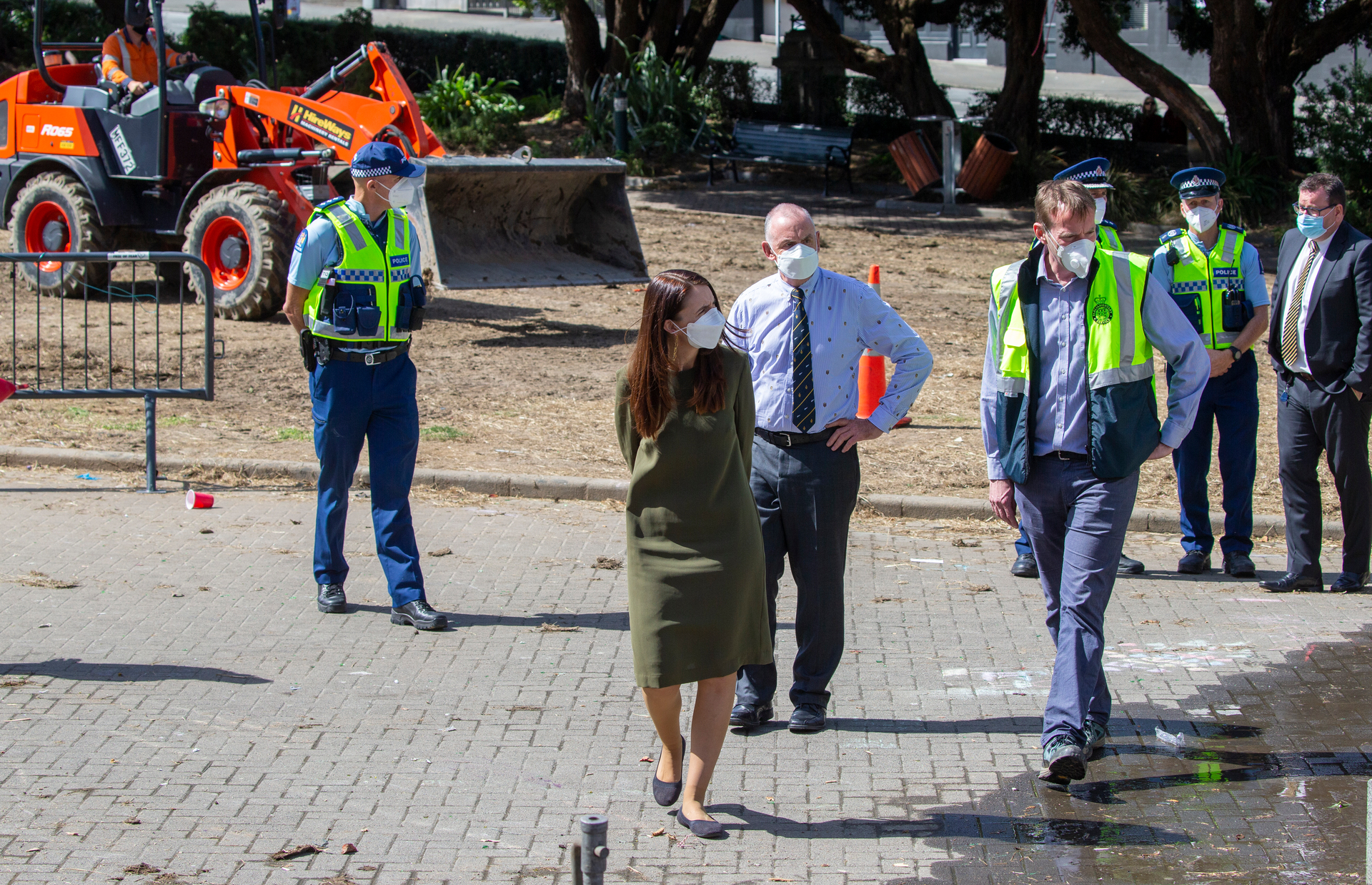 Prime Minister Jacinda Ardern tours the protest aftermath with Deputy Prime Minister Grant Robertson and Speaker Trevor Mallard. Photo / Mark Mitchell