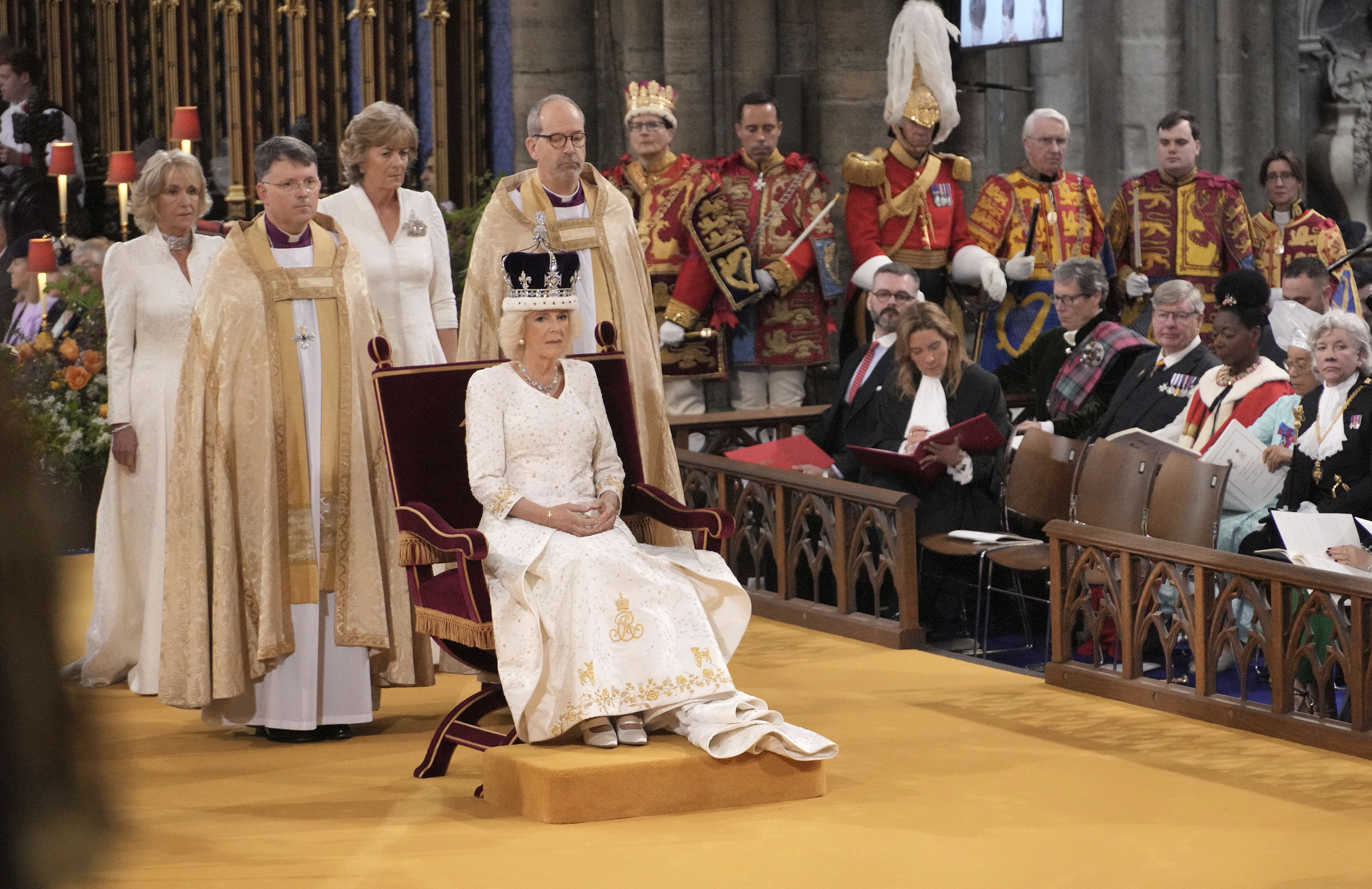 Queen Camilla is crowned with Queen Mary's Crown during her coronation ceremony at Westminster Abbey. Photo / AP