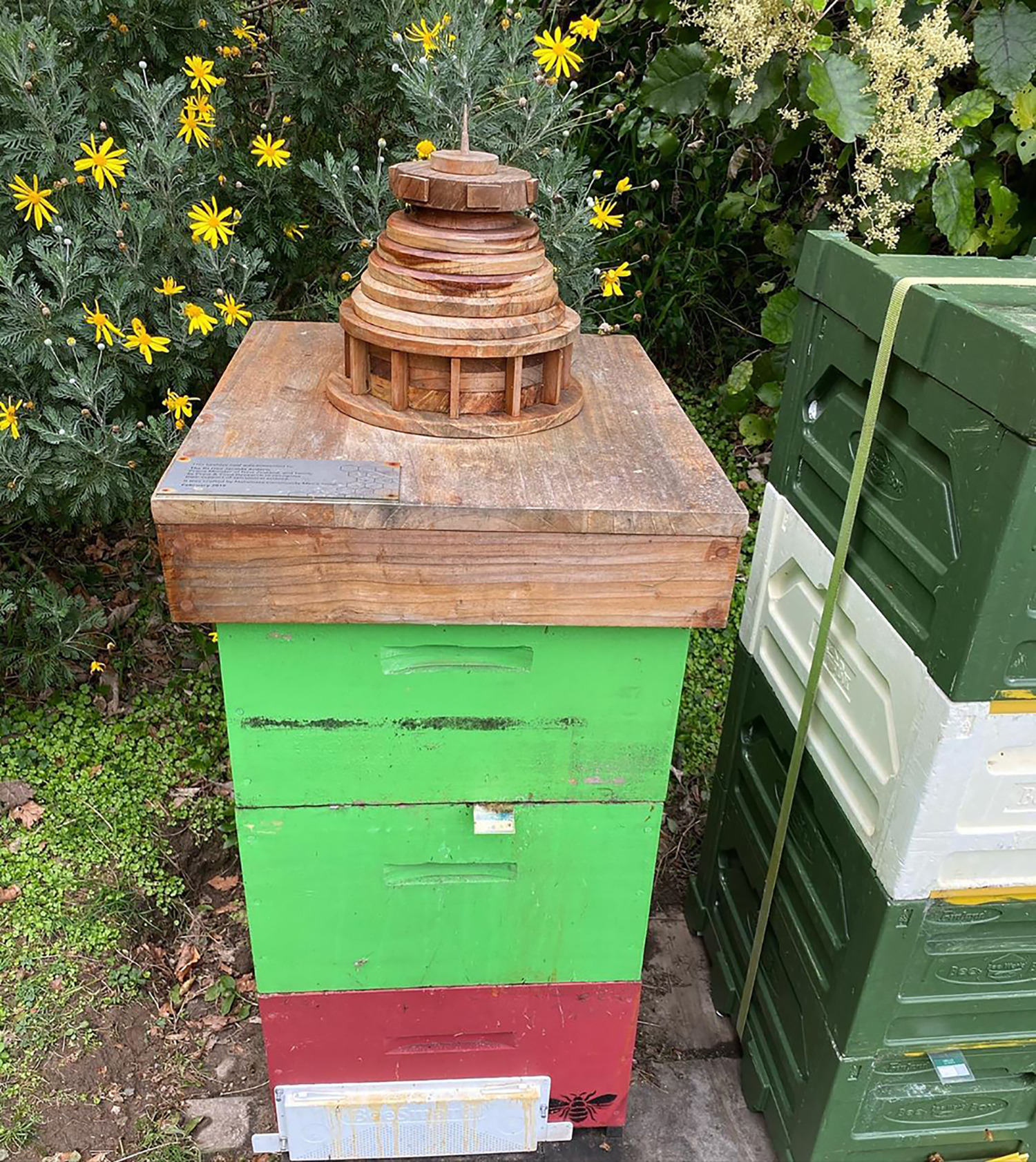 The beehive Prime Minister Jacinda Ardern installed at Premier House (with a model of the Beehive, made by Matamata men's shed). Photo / supplied