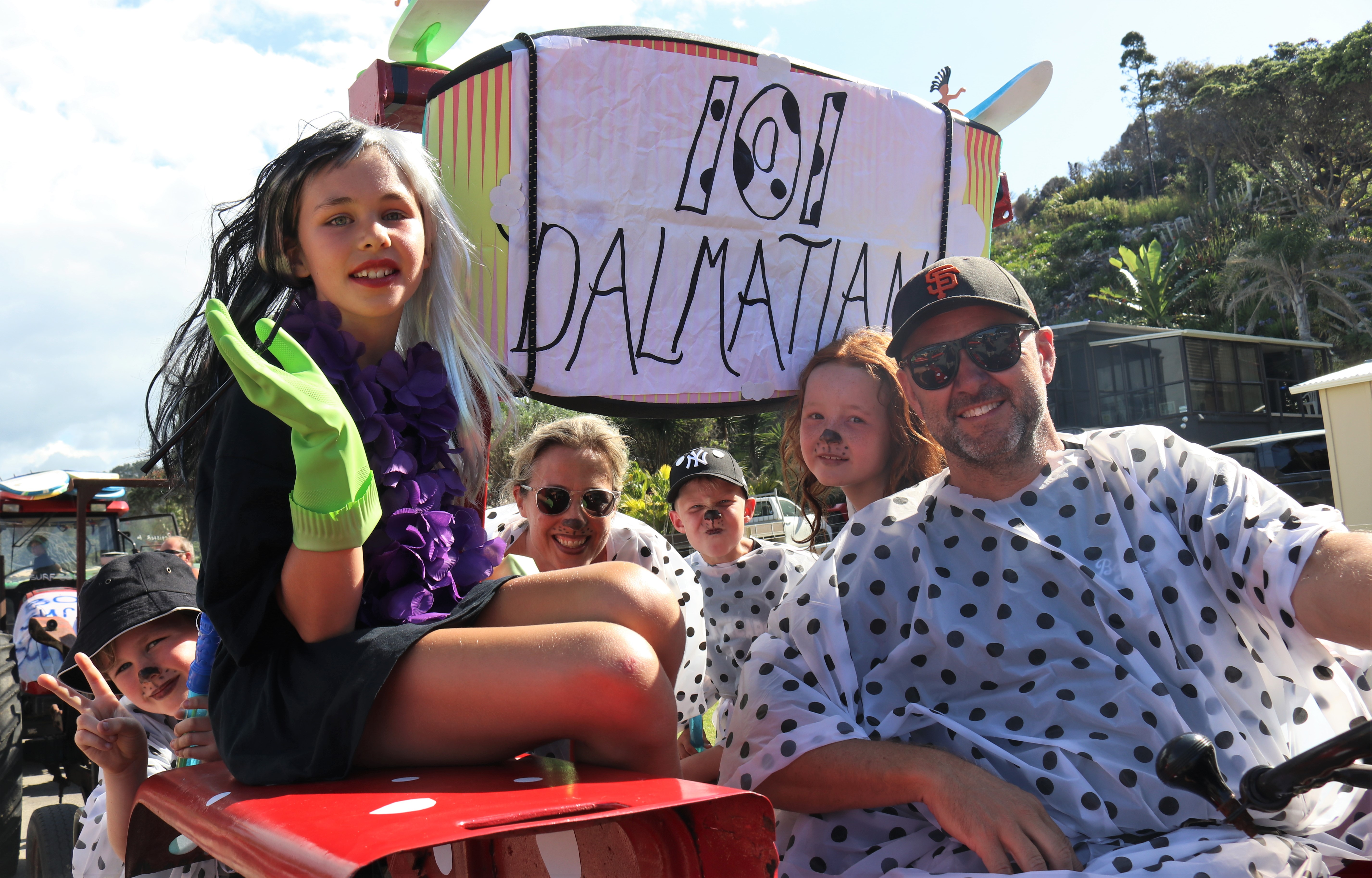 The Williams and McKay families of Auckland/Taupō Bay as the 101 Dalmatians. Photo / Peter de Graaf