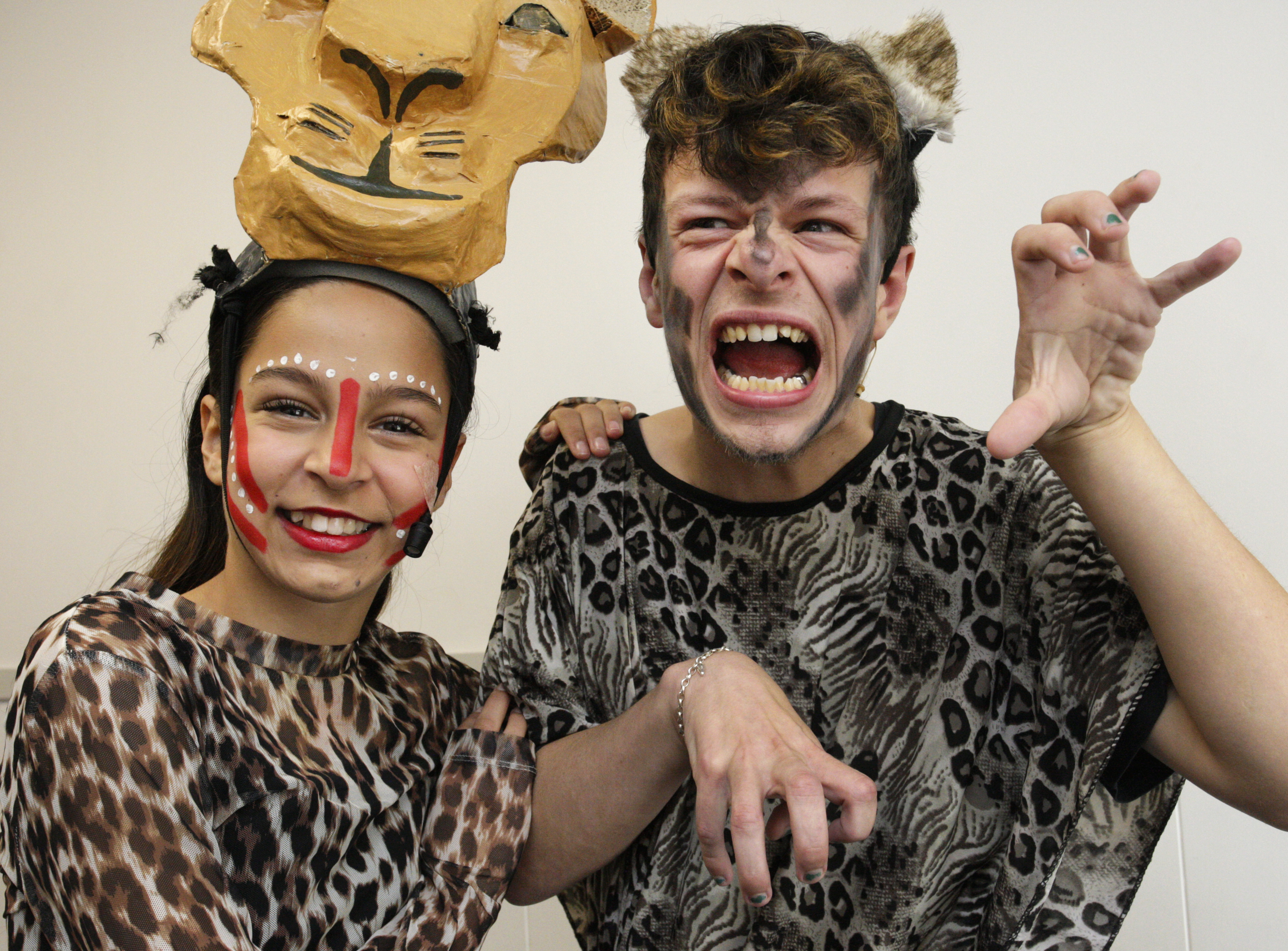 From left: Elizabeth Mauer-Maclaime, 11, as young Nayla, and Khea Vint, 19, as Banzai the hyena. Photo / Tania Whyte