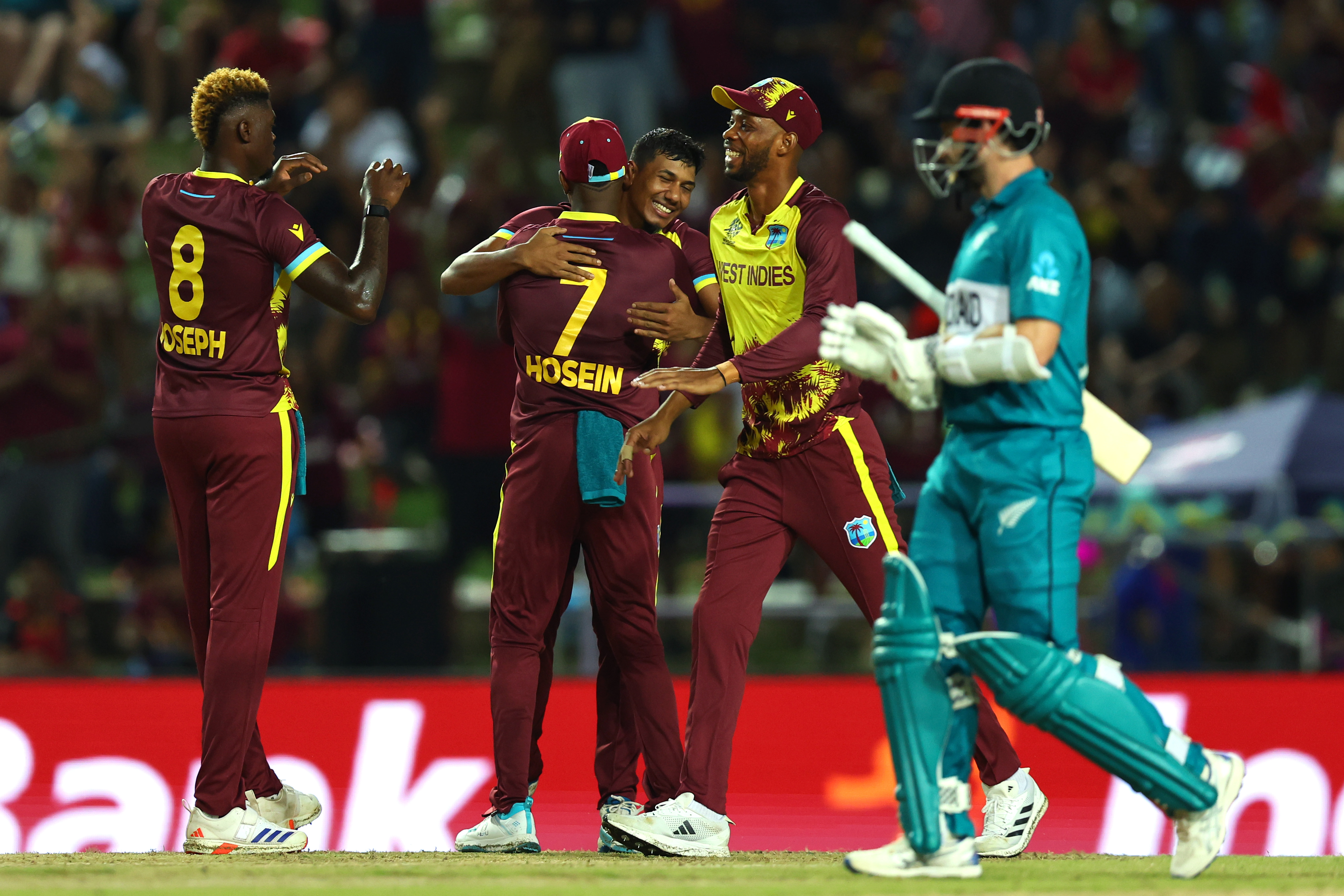 The West Indies celebrate the wicket of Kane Williamson. Photo / Getty Images