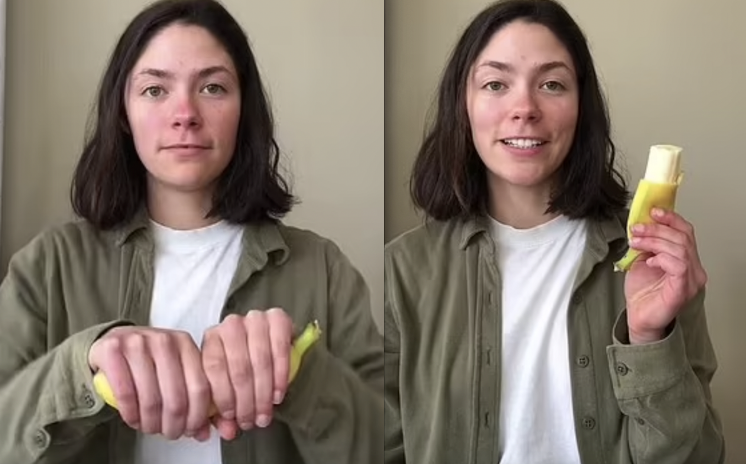 Isabella Jackson - who goes by Campingkiwi on TikTok, has shared a 'crazy' way of opening a banana. Photo / TikTok