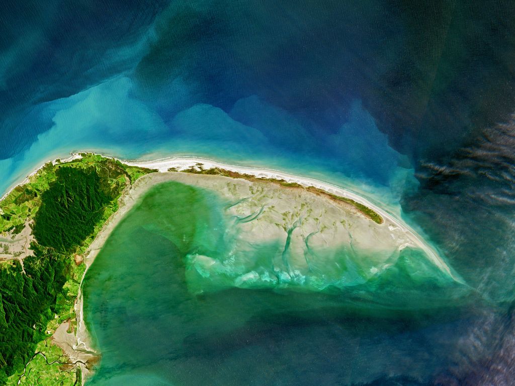 A satellite view of Farewell Spit, located to the north of Golden Bay. Photo / Getty Images
