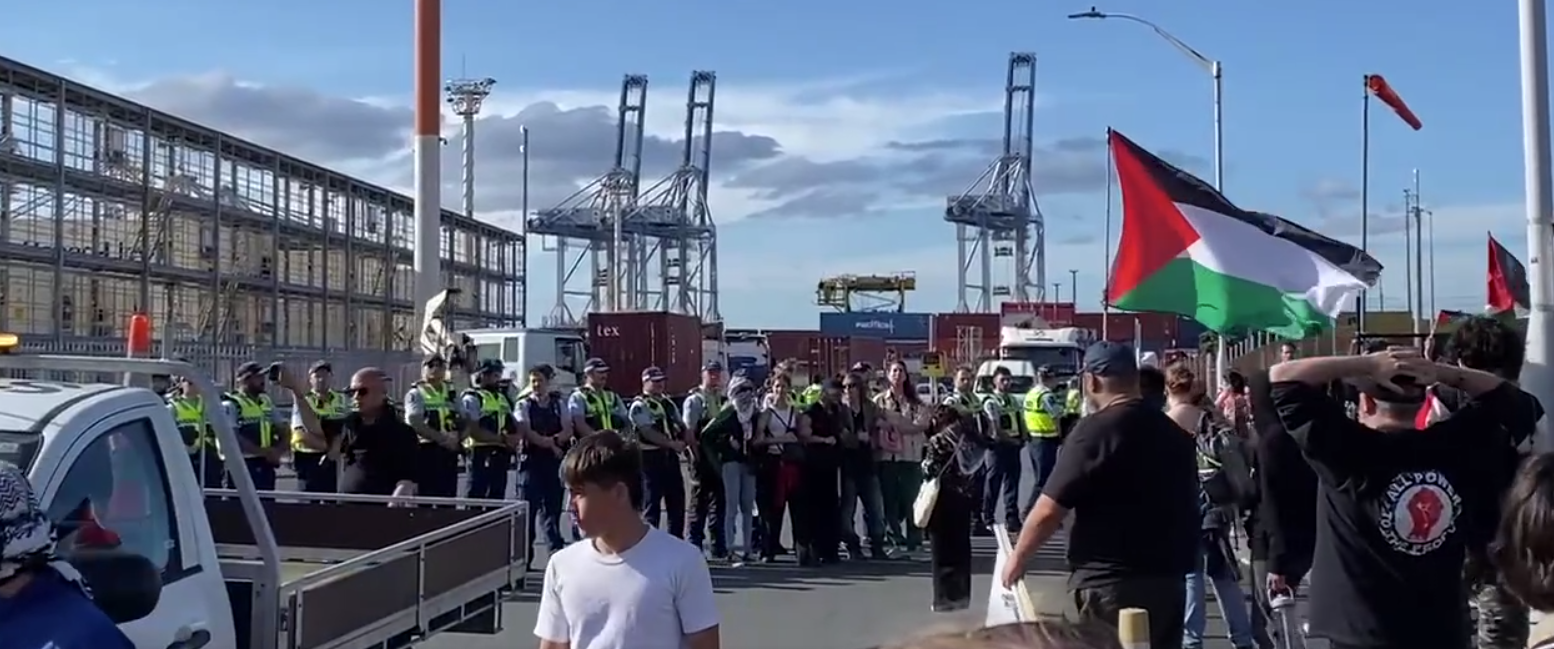 Police are out in force as pro-Palestine protesters block an entrance to Port of Auckland. Photo / NZ Herald