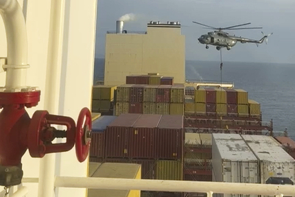 This image made from a video provided to The Associated Press by a Mideast defence official shows a helicopter raid targeting a vessel near the Strait of Hormuz on Saturday, April 13. Photo / AP