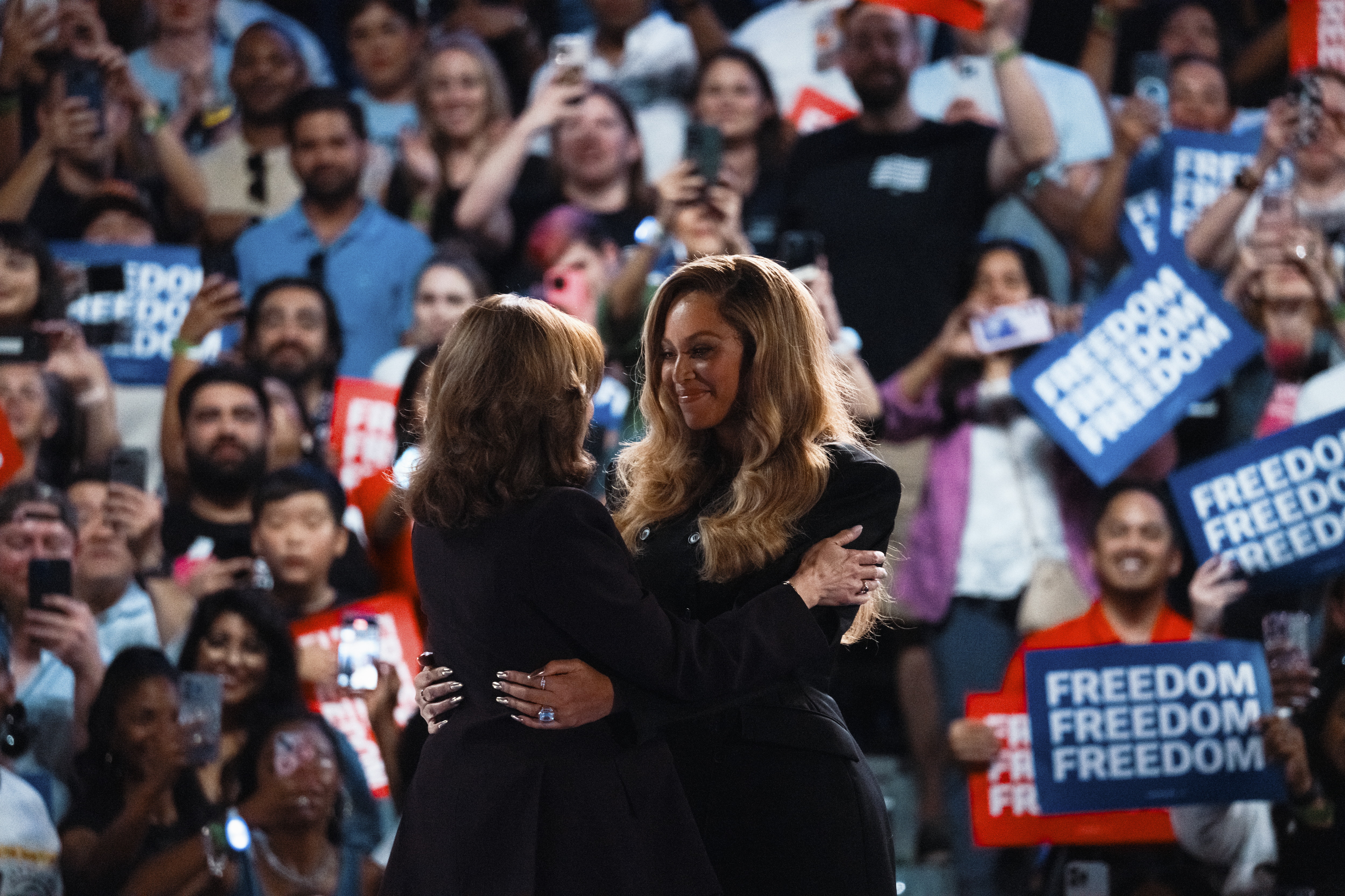 US Vice-President Kamala Harris embraces singer Beyonce at a campaign rally on October 25 in Houston, Texas. Photo / Getty Images