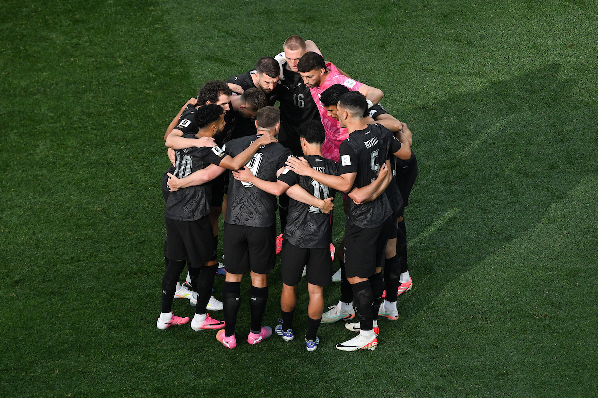 The All Whites team in a huddle ahead of their Fifa World Cup clash against Iran. Photo / Photosport