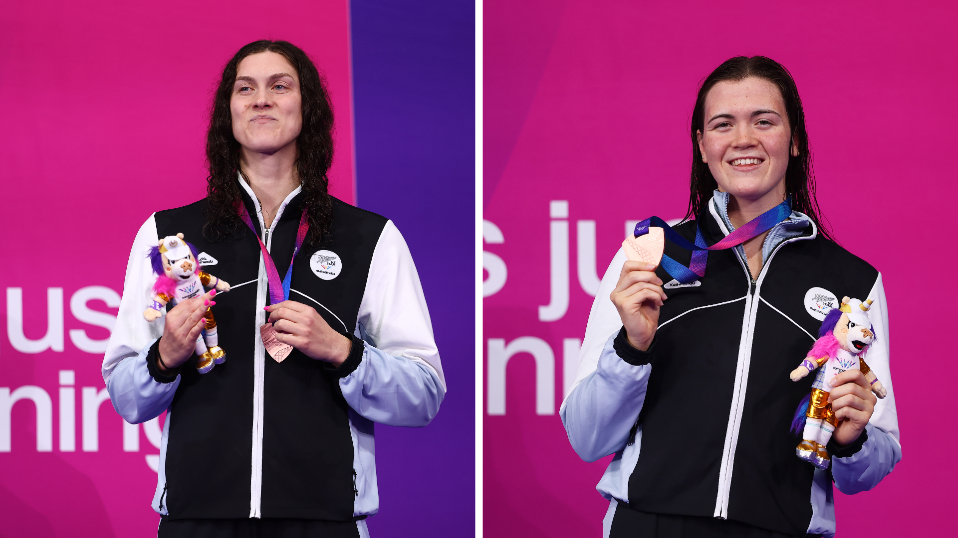 Bronze medalists Hazel Ouwehand and Erika Fairweather on the podium at the Glasgow Commonwealth Games. Photo / Getty Images