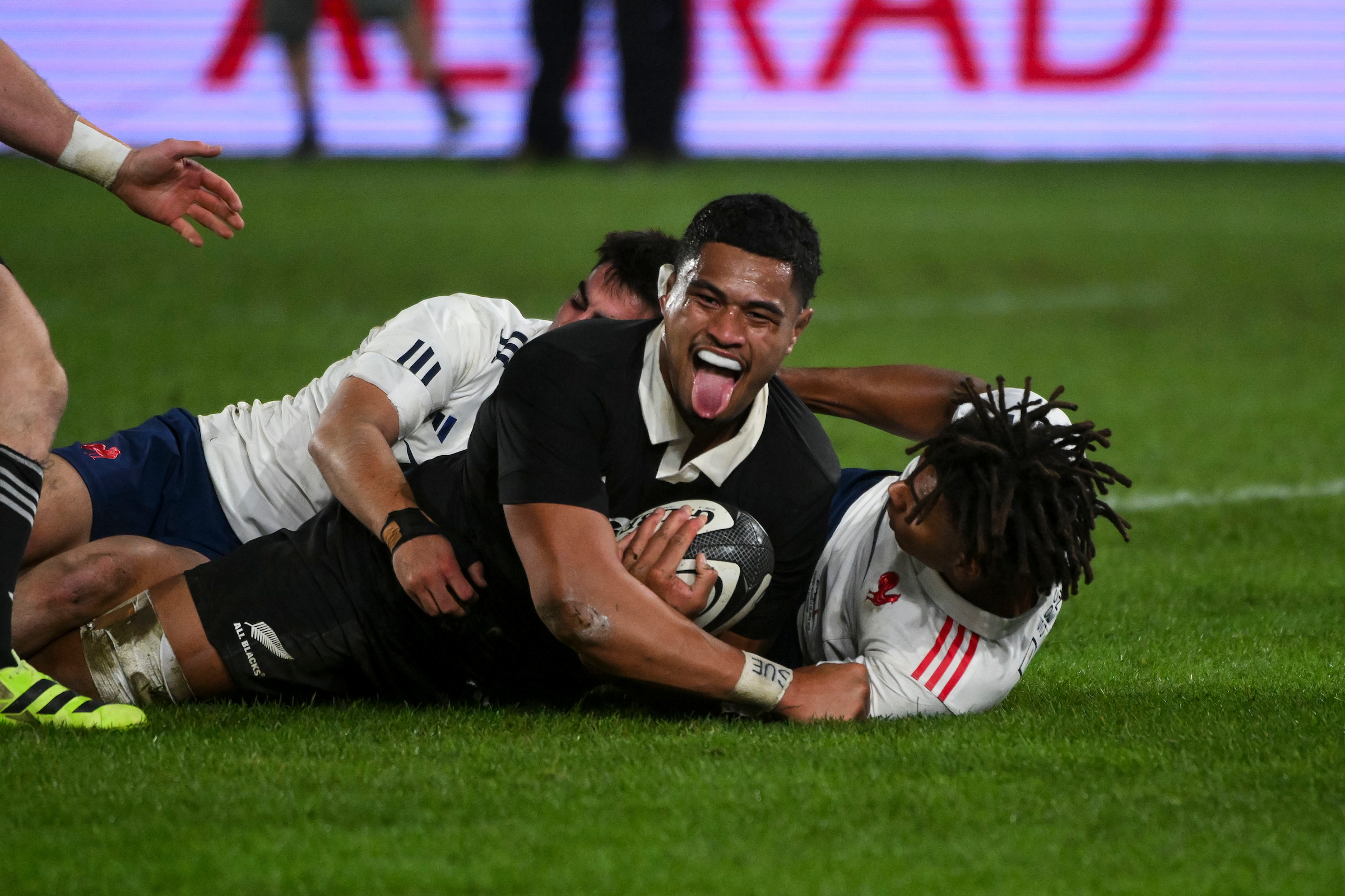 Tupou Vaa’i of the All Blacks celebrates after scoring against France in Wellington. Photo / Photosport