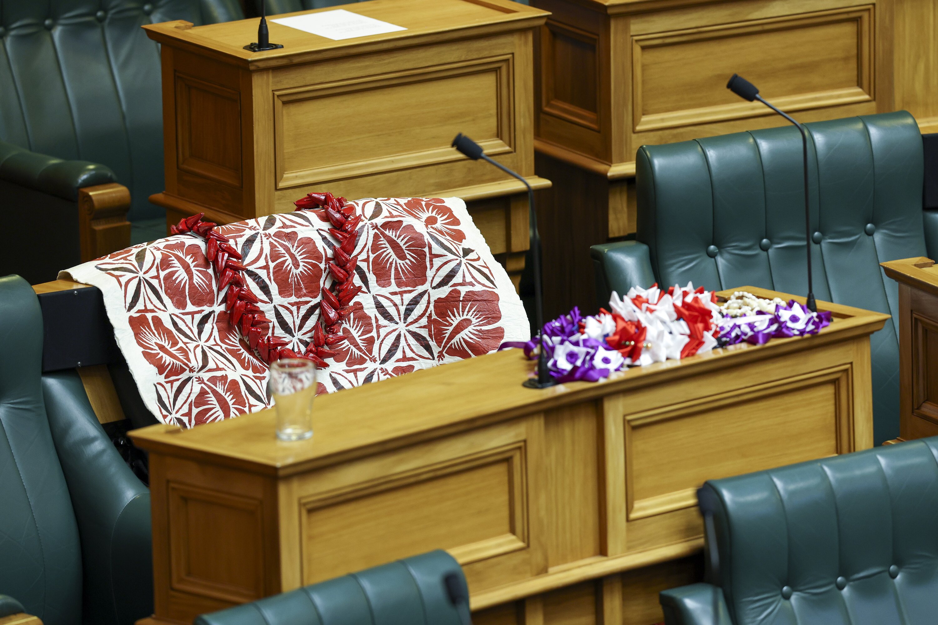 An ula fala, worn by Samoan chiefs, drapes the seat of Fa'anānā Efeso Collins at Parliament after his death yesterday. Photo / Hagen Hopkins.