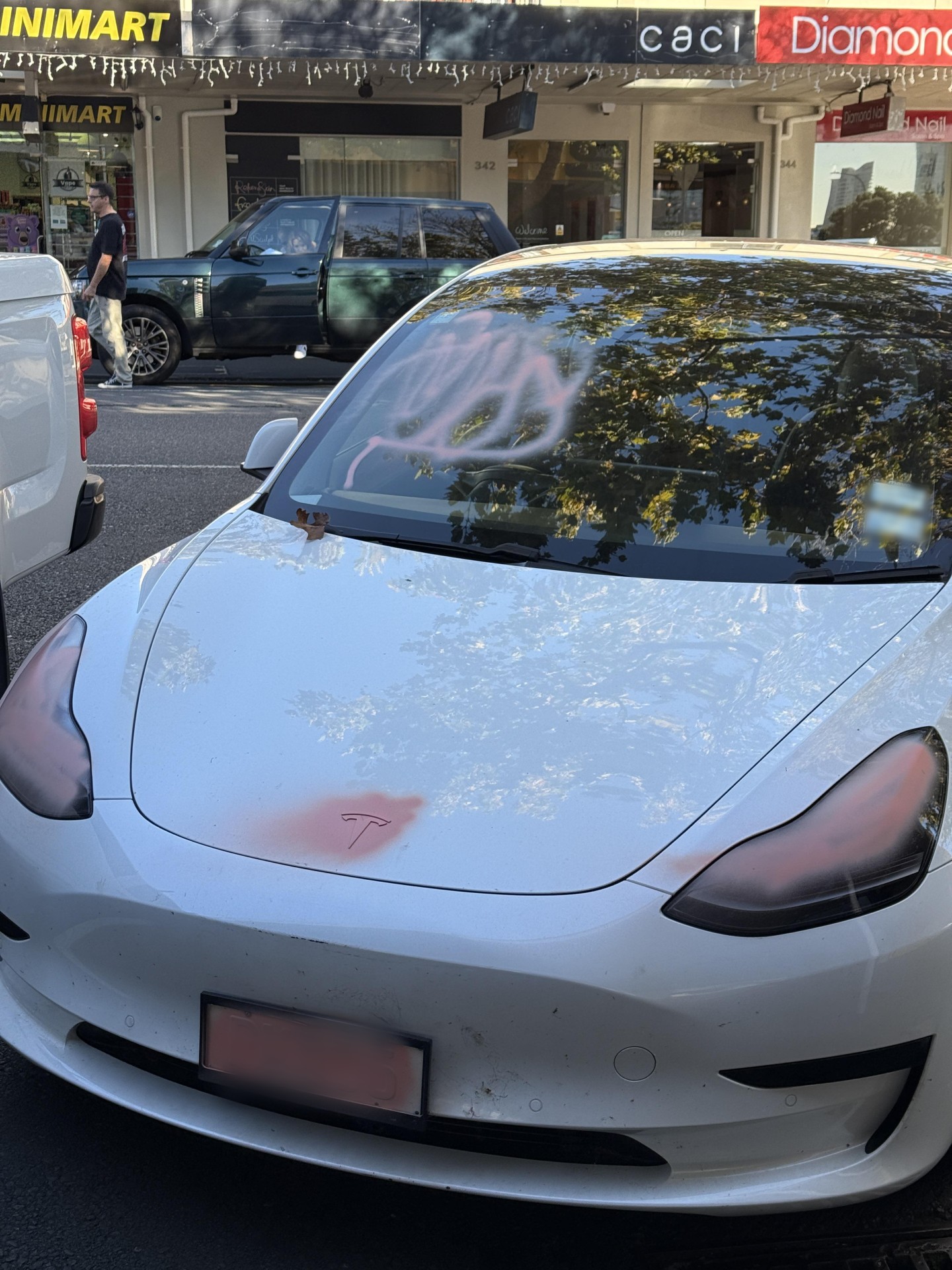 An image of a Tesla that was vandalised with spray paint while parked on Ponsonby Rd was shared to social media yesterday morning.