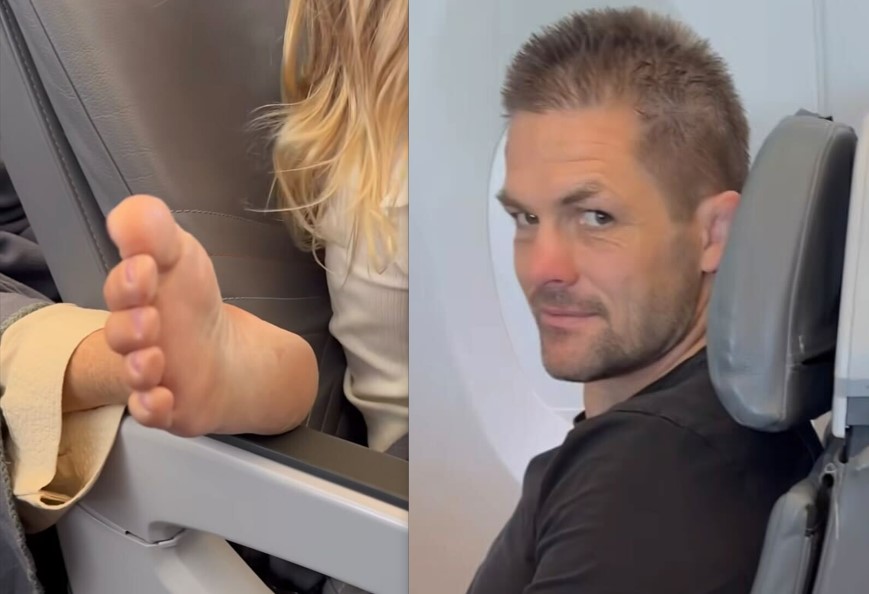 Richie McCaw looked less than impressed at the rogue foot resting on his daughter's chair. Photo / Instagram