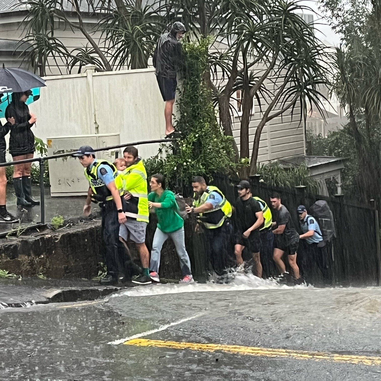 Auckland police today released this image of last Friday's storm response. This is the Auckland City Beat team helping a family evacuate in the Freemans Bay area. Photo / Police