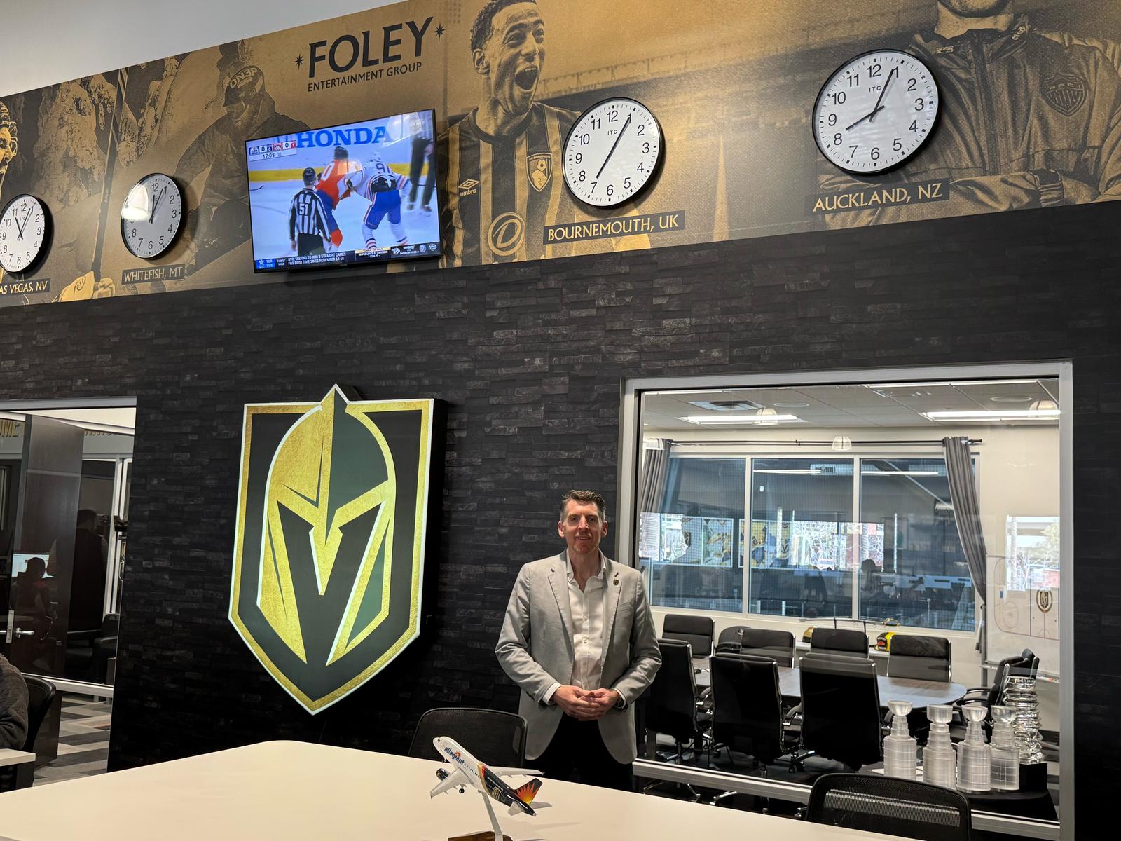 At Golden Knights HQ, chief marketing officer Eric Tosi can keep tabs on the time zones of their sister sports teams. Photo / Dean McLachlan