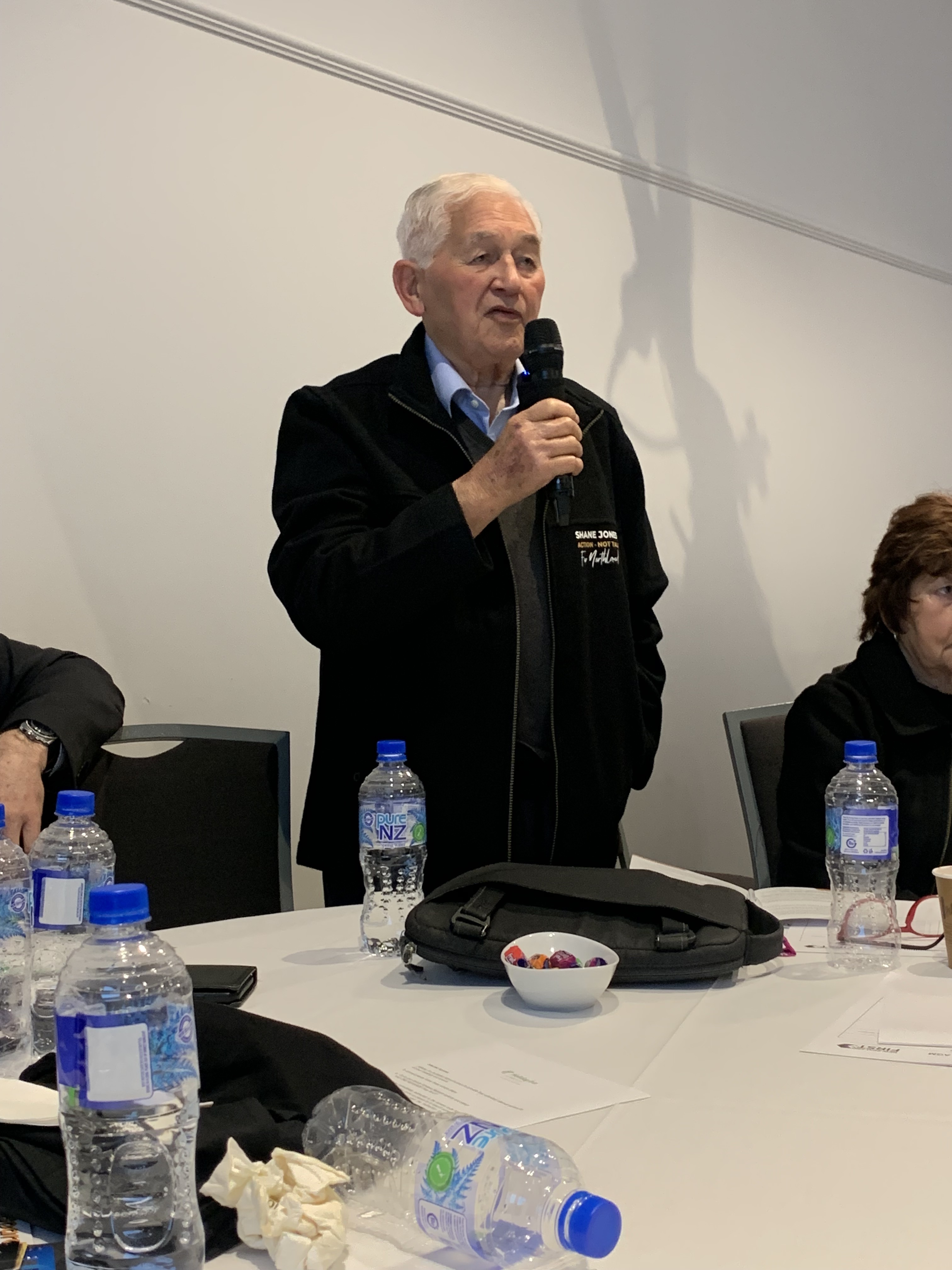 Jim Peters, brother of NZ First leader Winston Peters, speaks at the party's convention in Auckland. Photo / Adam Pearse
