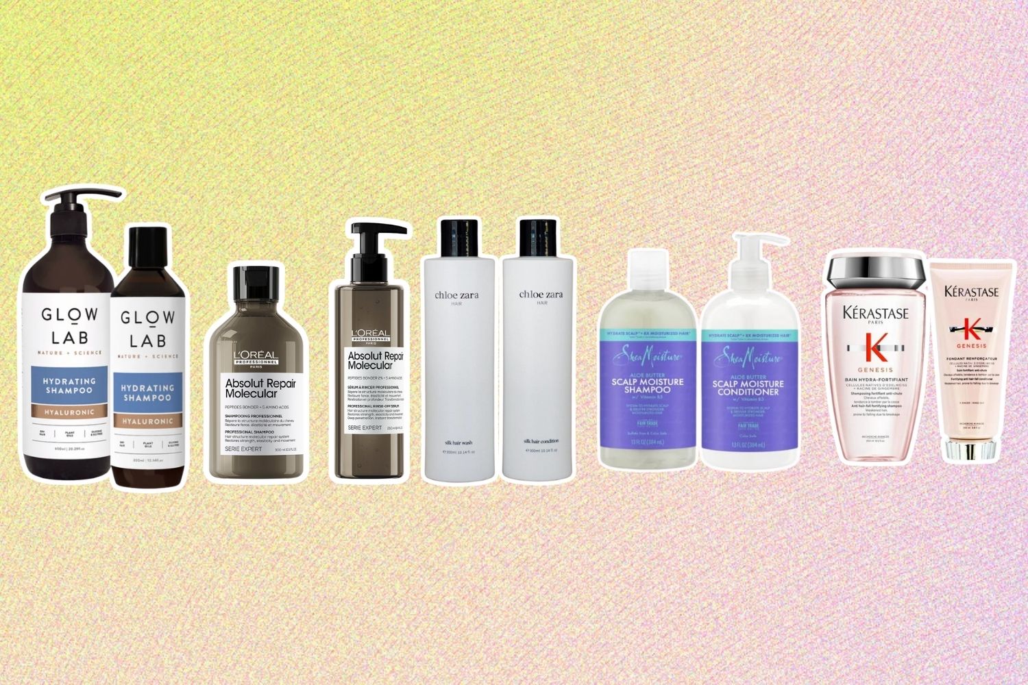 From left: Glow Lab Hydrating Shampoo & Conditioner; L’Oreal Professionnel Absolut Repair Molecular; Chloe Zara Silk Wash & Silk Condition; SheaMoisture Aloe Butter Scalp Moisture Shampoo & Conditioner; Kerastase Genesis Collection.