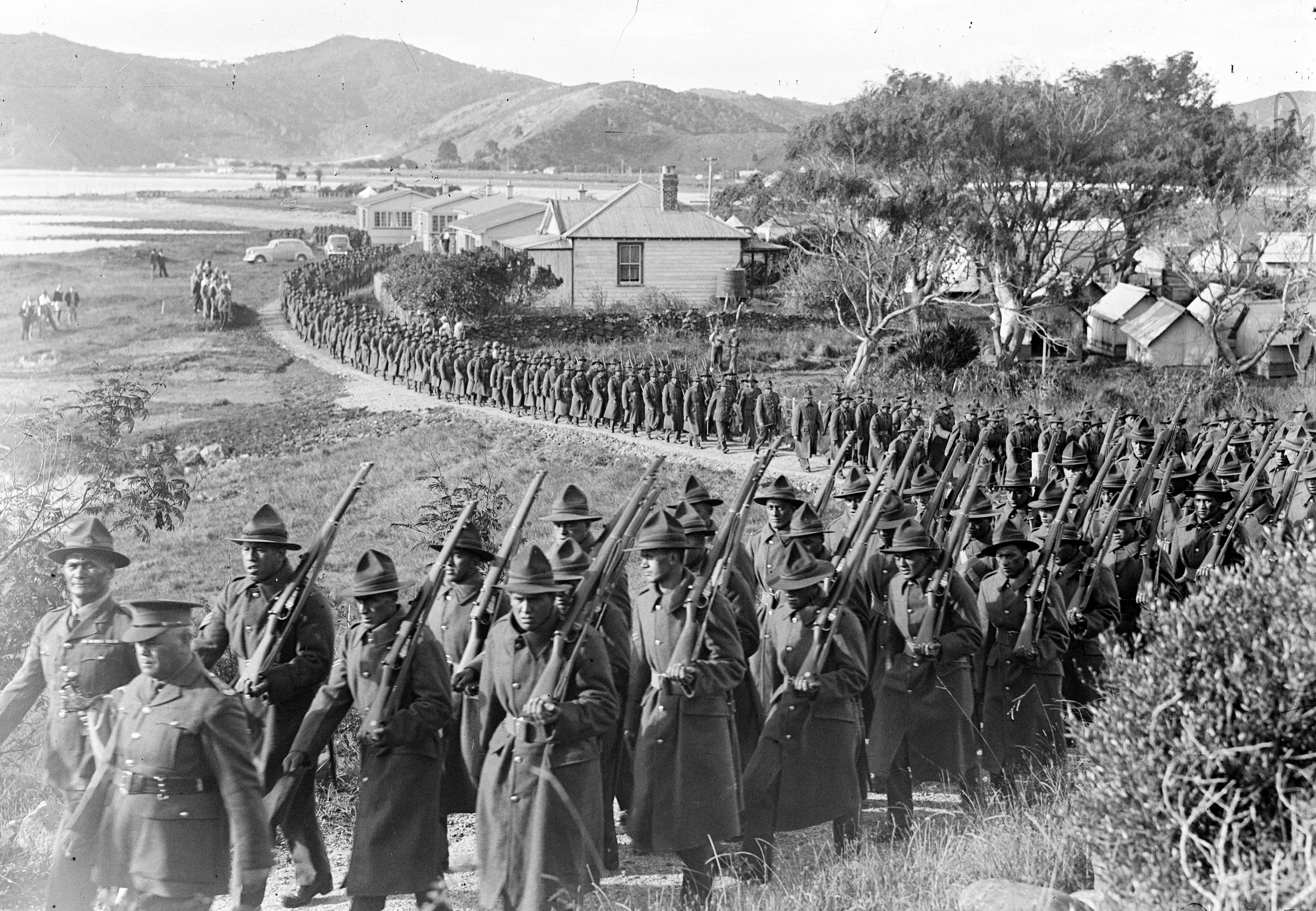 Members of the 28th Māori Battalion march up Nias Track to the Waitangi Treaty Grounds in 1940. A ceremony to remember the efforts of Māori in all wars will be held in Kaitāia next week