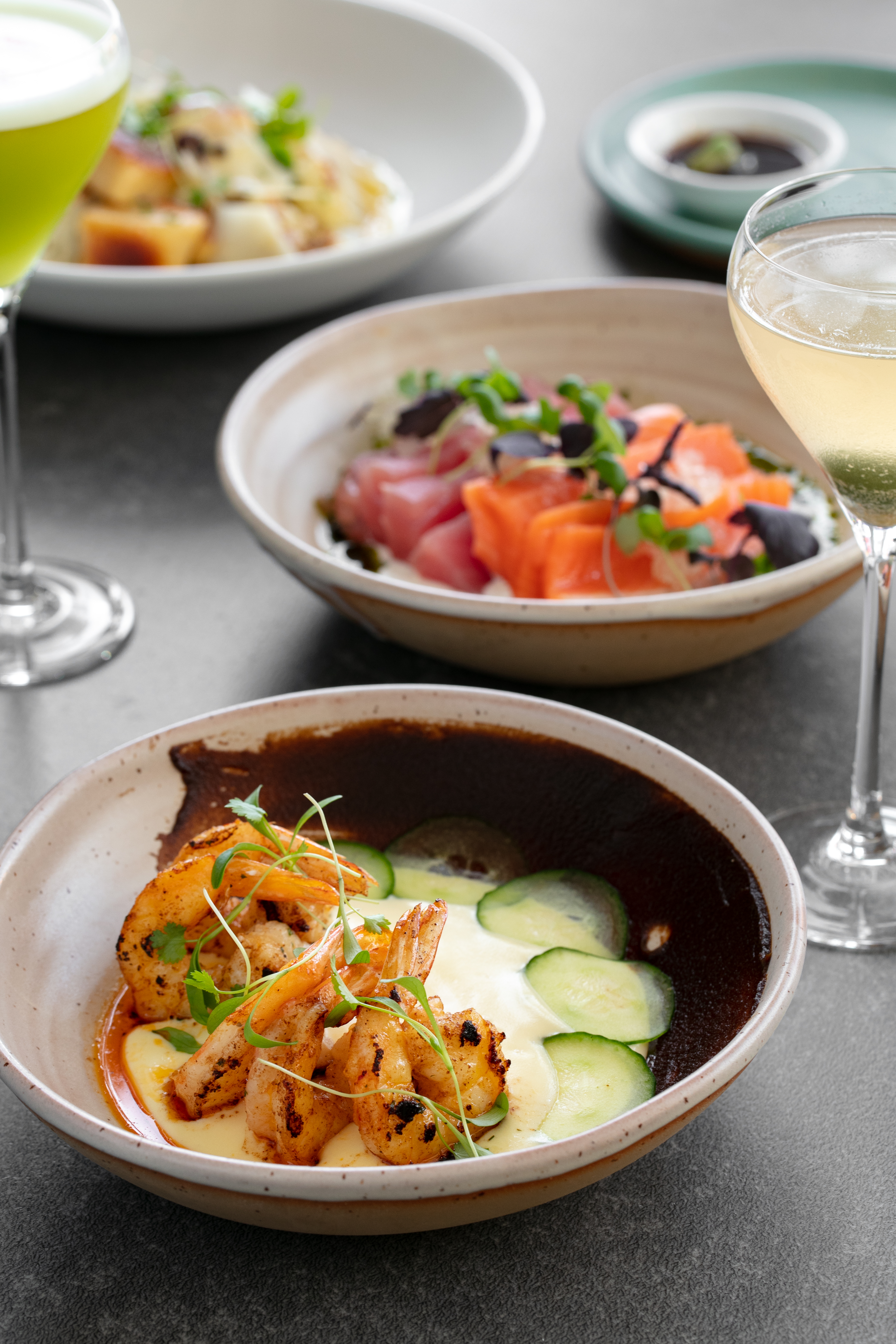 The banana prawns, sashimi and gnocchi on the menu at The Terrace, a new restaurant in the Viaduct. Photo / Babiche Martens