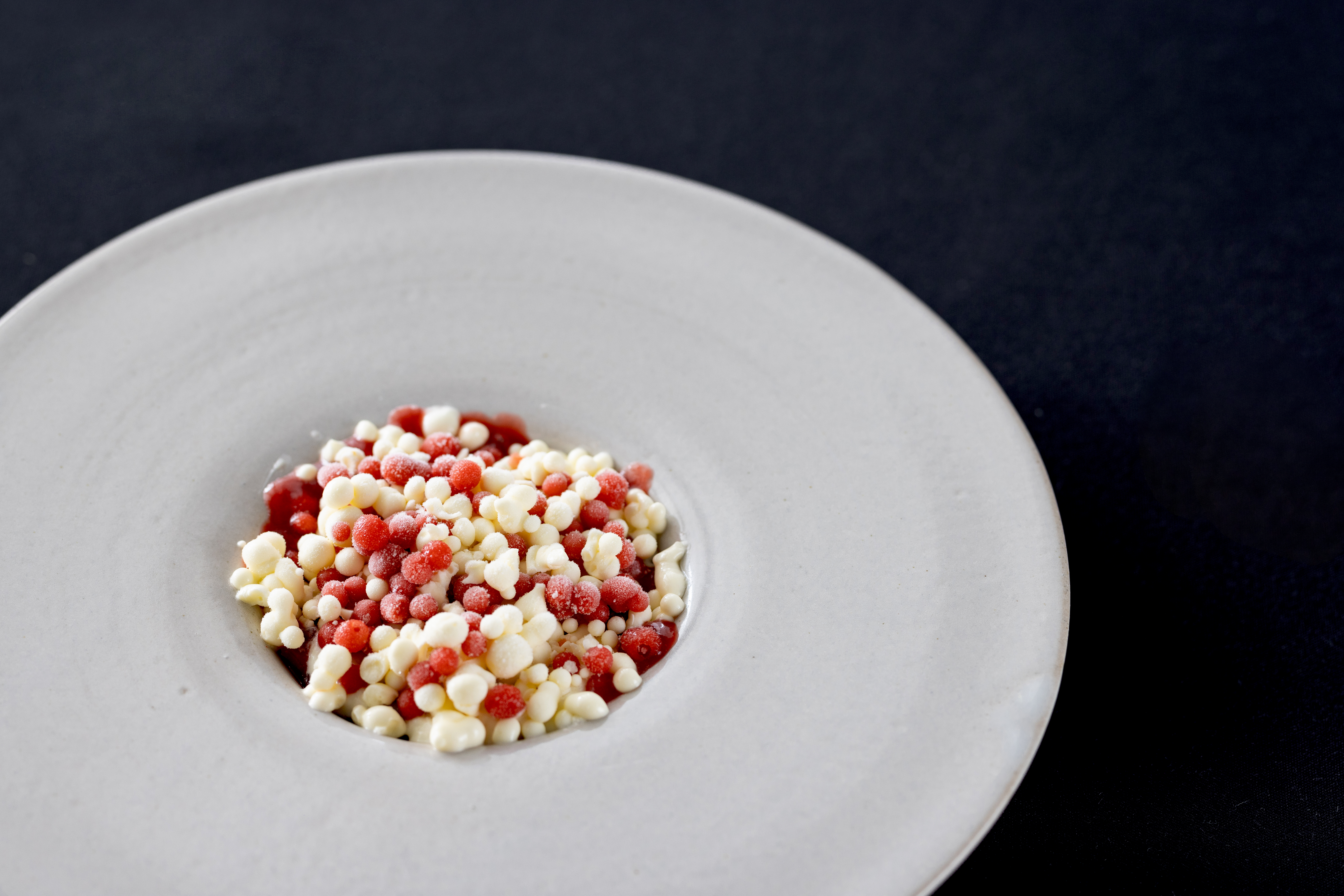 Rhubarb cheesecake with marmalade, rhubarb jelly, malt sable, cheese cake foam, rhubarb sorbet and cream cheese and rose ice cream. Photo / Babiche Martens