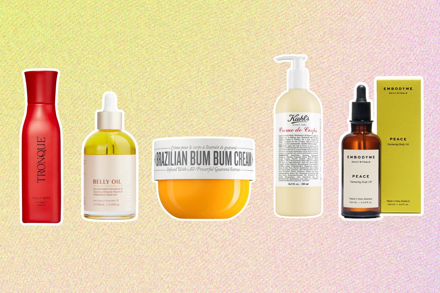 From left: Tronque Fully Ripe Vitamin C Body Oil; Pure Mama Belly and Body Oil; Sol de Janeiro Brazilian Bum Bum Cream; Kiehl's Creme de Corps, Embodyme Nurturing Body Oils.