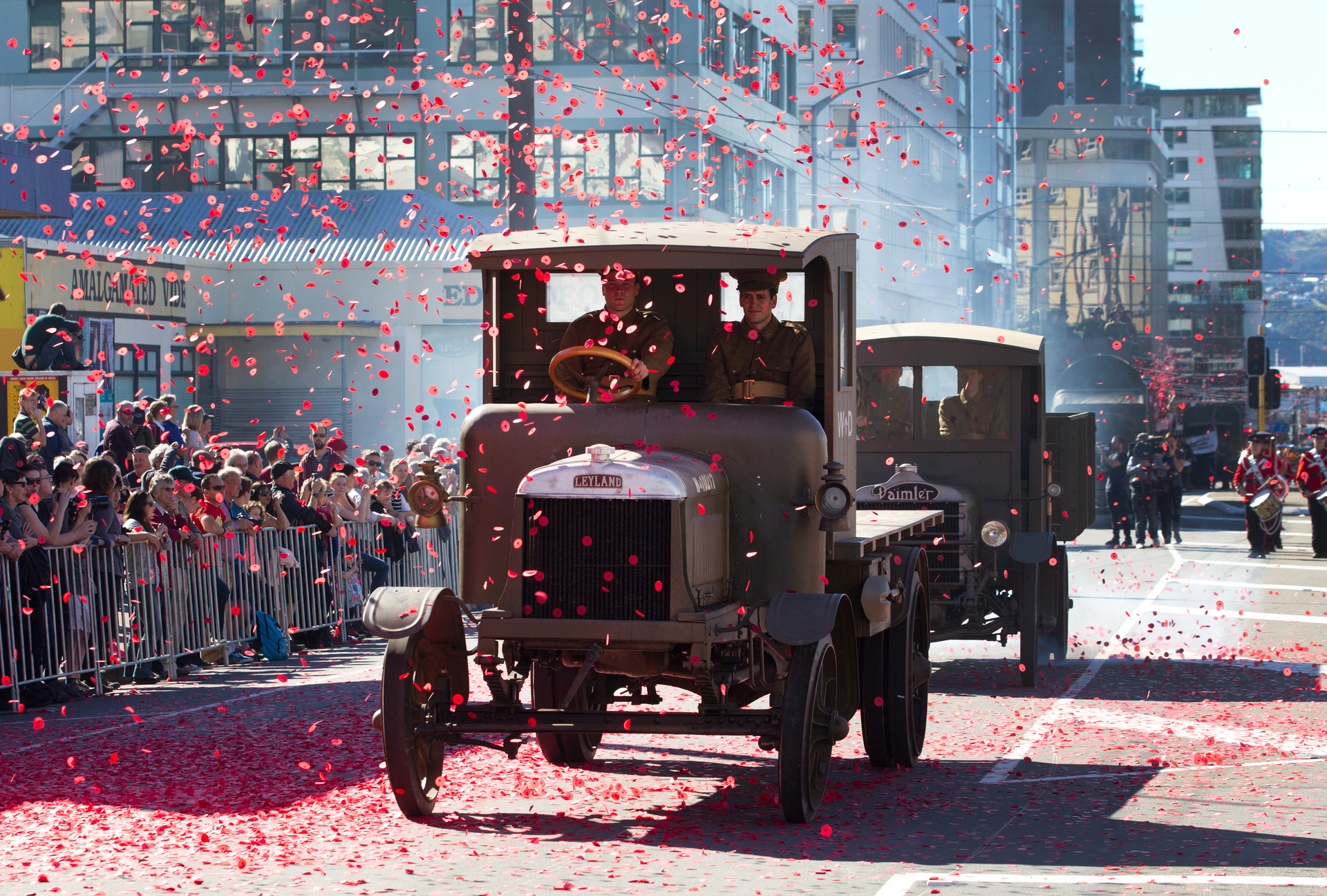 Sir Peter Jackson's WW1 vintage trucks drive through Wellington. Photo / Mark Mitchell.