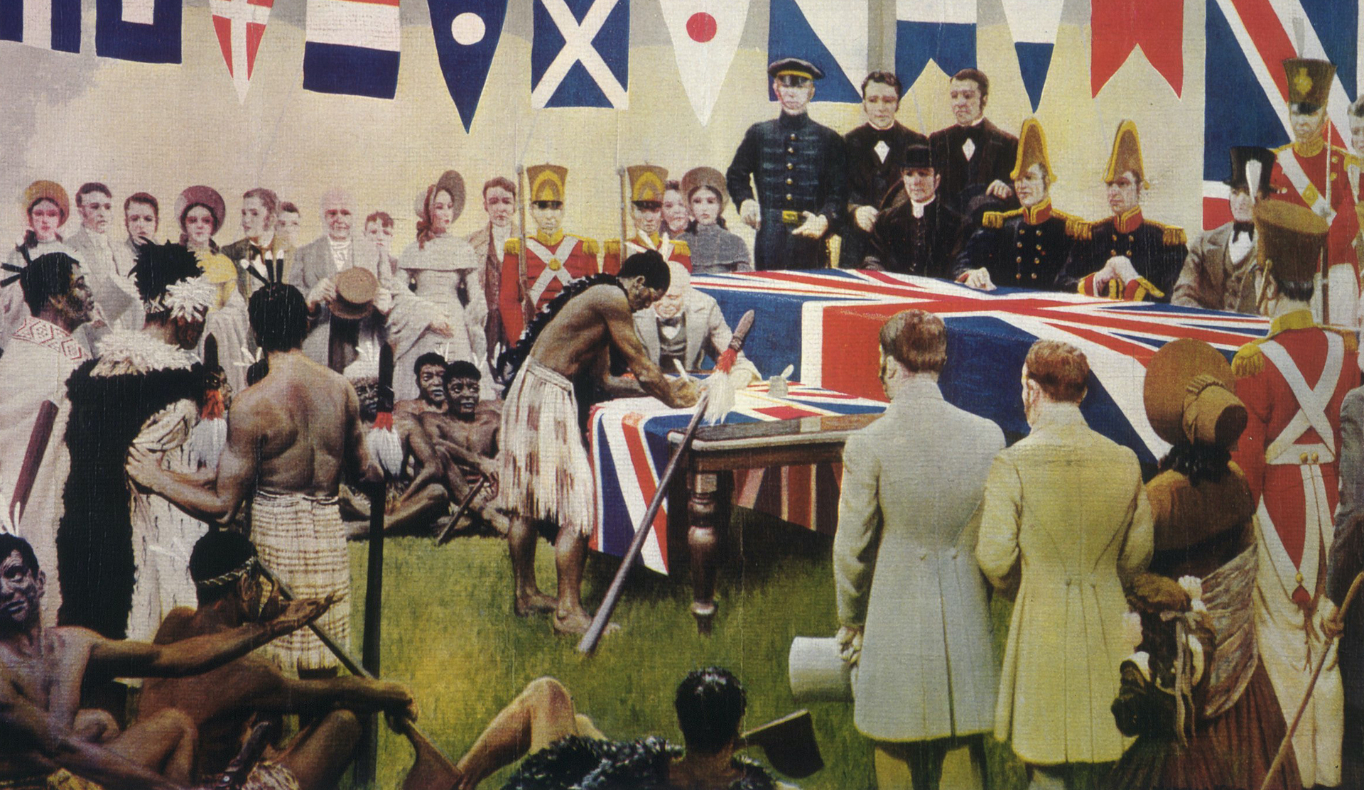 The signing of the Treaty of Waitangi, as imagined in the early part of the 20th century. Image / Alexander Turnbull Library

