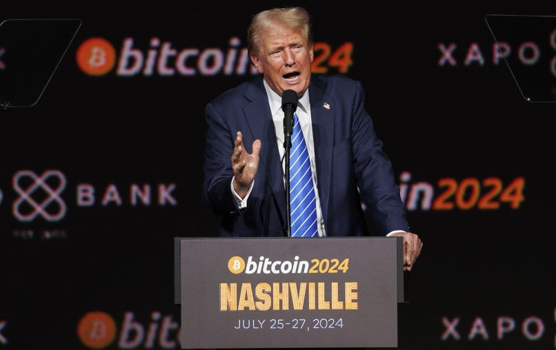 Former US President Donald Trump speaks at the Bitcoin 2024 conference. Photo / Getty Images