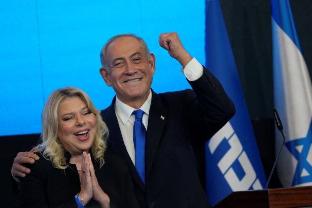 Benjamin Netanyahu and his wife Sara in 2022. Netanyahu and his allies on Thursday denounced protesters as 