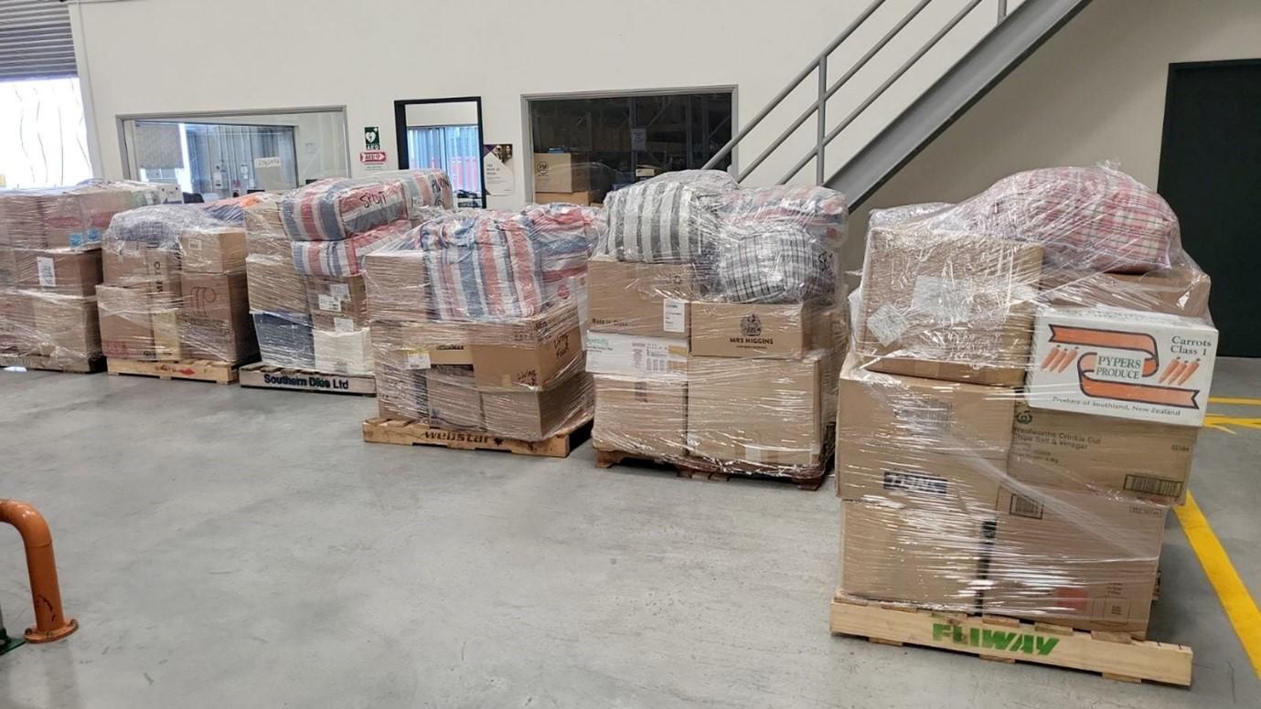 Donated and packaged goods ready to be loaded. Photo / Supplied
