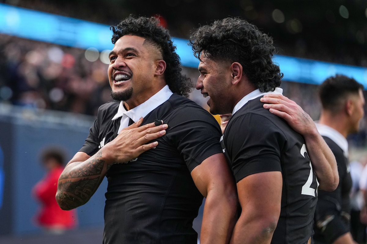 Leicester Fainga'anuku and Wallace Sititi celebrate in the win over Ireland. Photo / Photosport