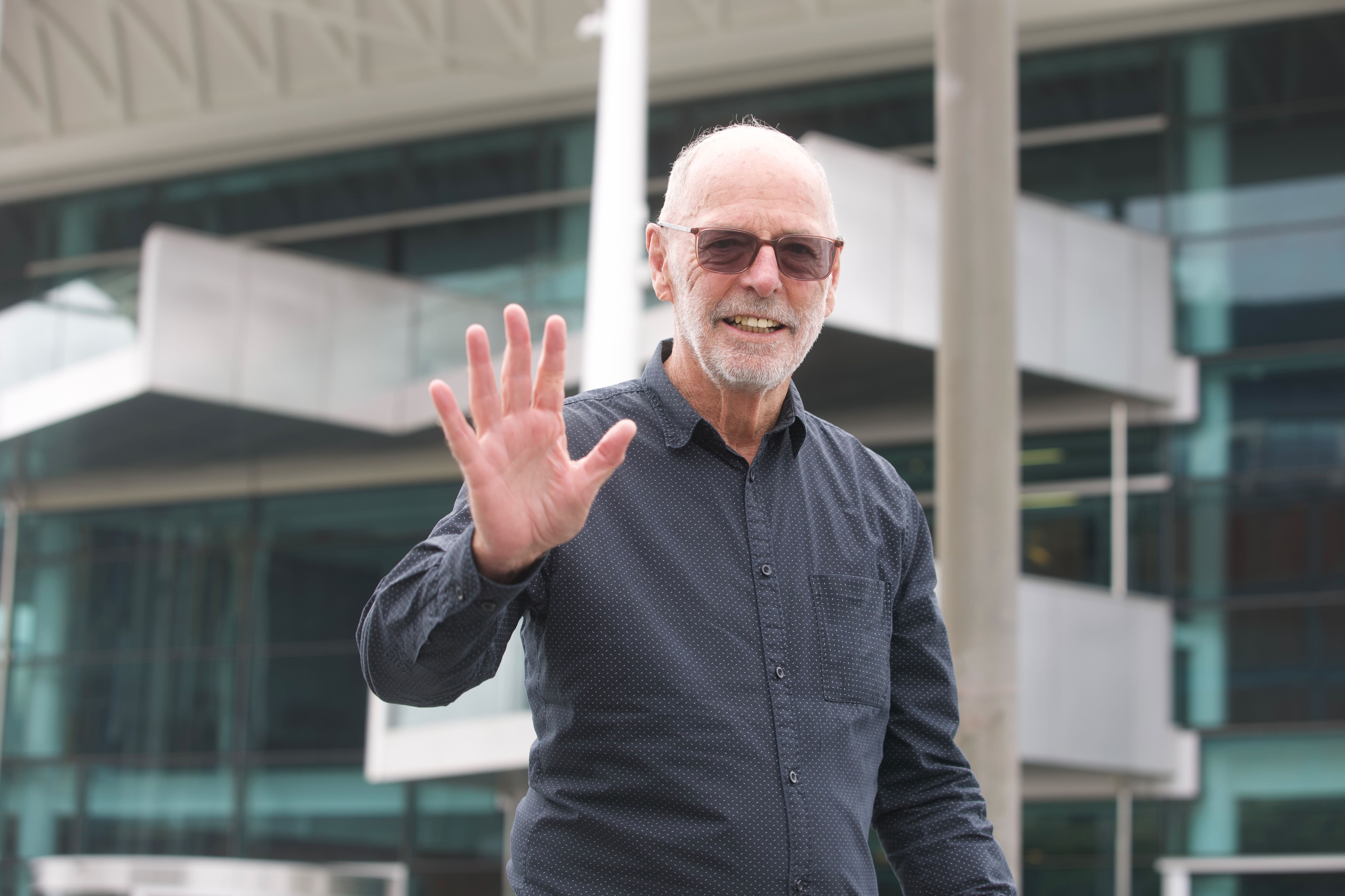 Wayne Brown addressing media at Karanga Plaza, Wynyard Quarter, today after progress results came in re-electing him as Auckland mayor. Photo / Jason Dorday.