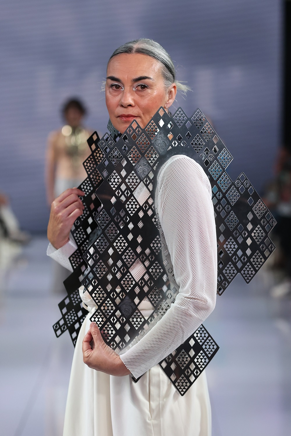 Rewa Harker walks the runway during the Kaistor St show during New Zealand Fashion Week: Kahuria. Photo / Getty Images