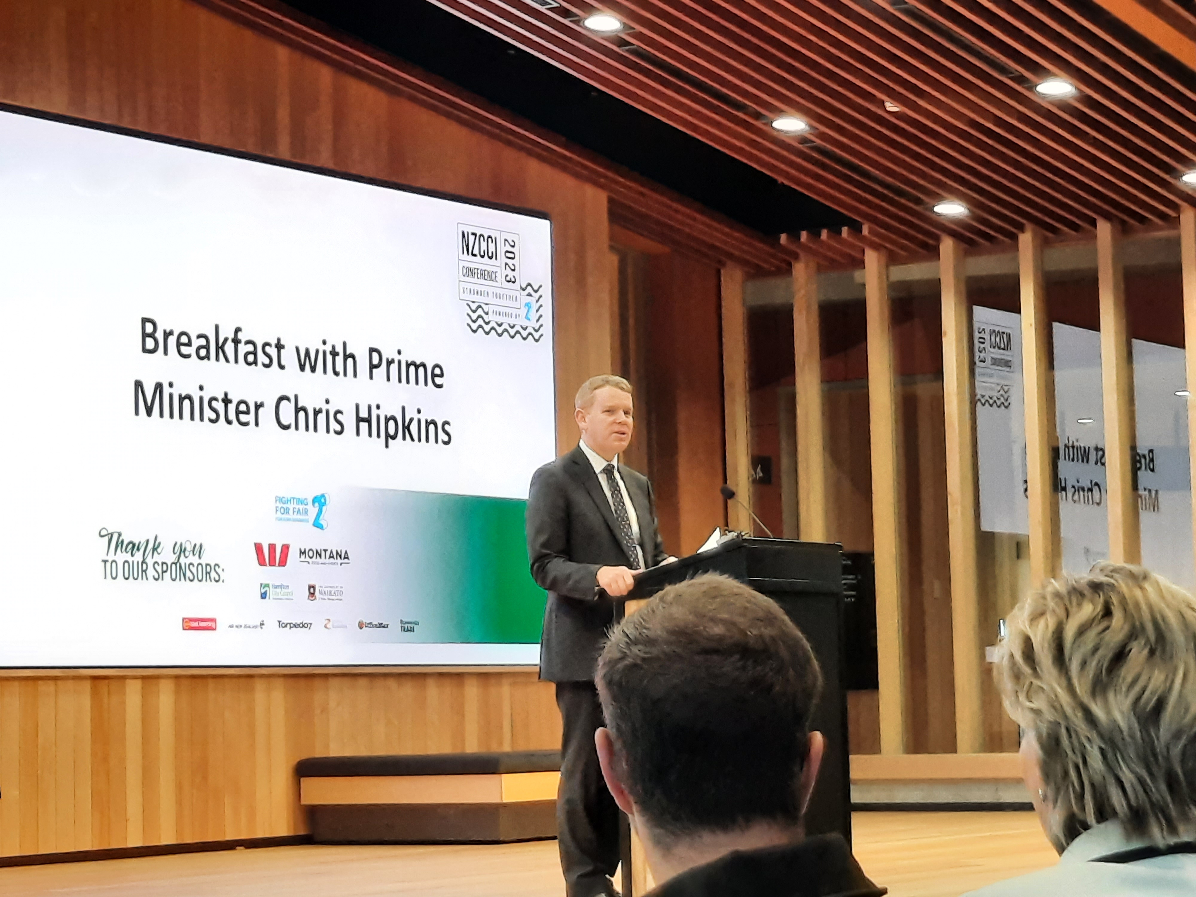 Prime Minister Chris Hipkins addresses the New Zealand Chambers of Commerce and Industry in Hamilton. Photo / Danielle Zollickhofer