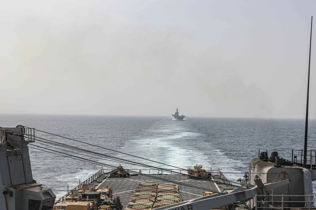 The amphibious dock landing ship USS Carter Hall and amphibious assault ship USS Bataan transit the Bab al-Mandeb strait on August 9, 2023. Photo / AP
