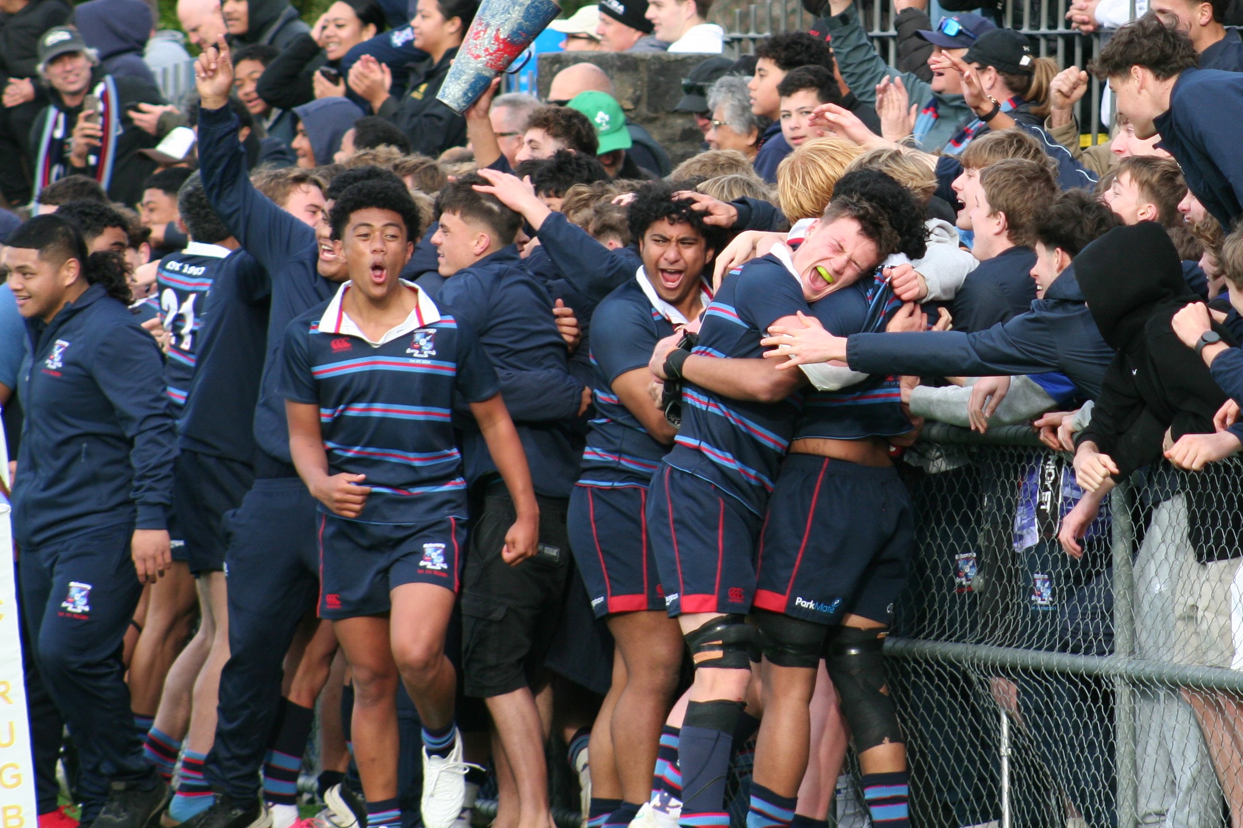 There were massive celebrations at the final whistle as Sacred Heart beat St Peter's. Photo / Bruce Holloway