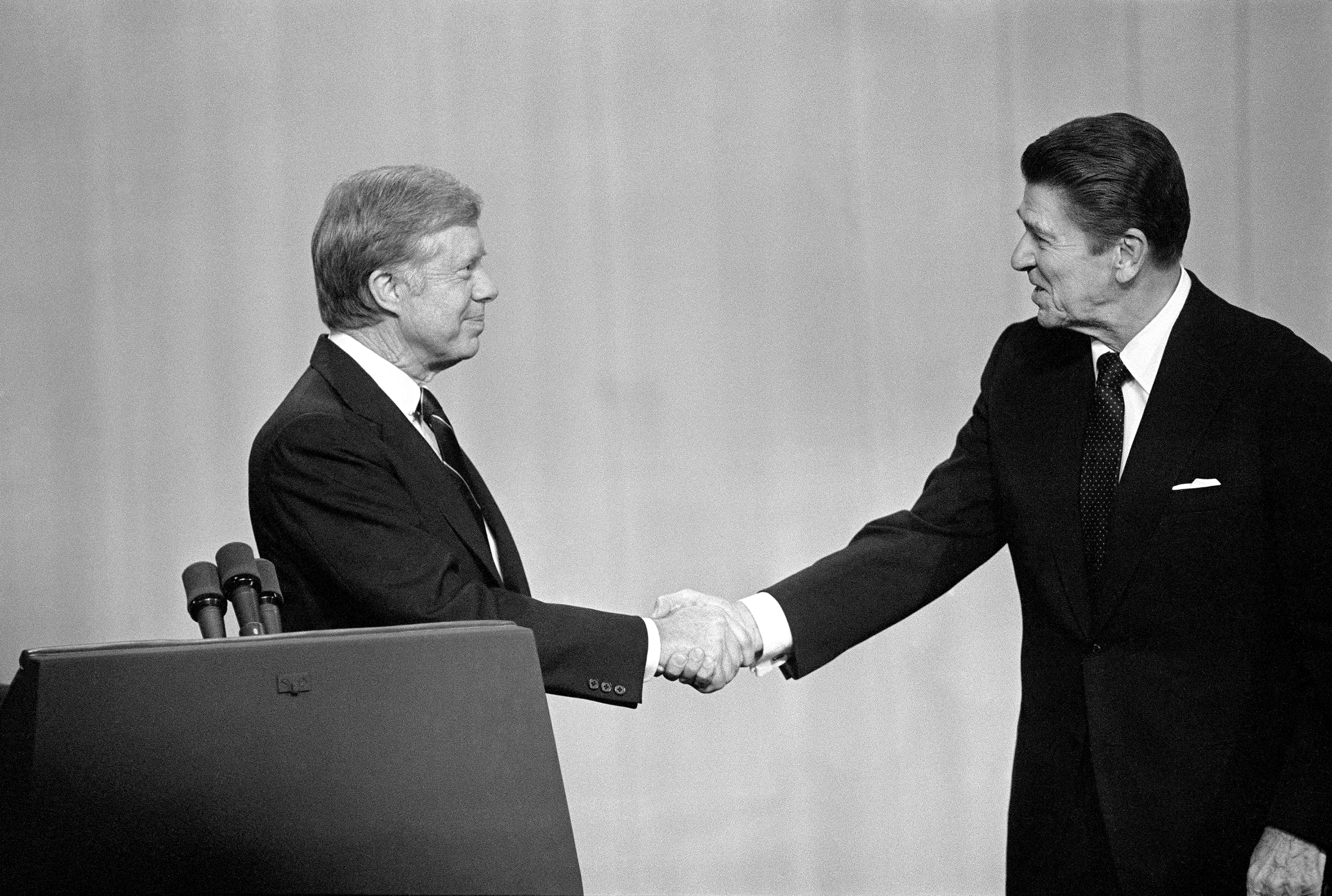 President Jimmy Carter (left) and then-Governor Ronald Reagan of California. It is hard not to think of the 1980 election when the vibes were bad, Robert Armstrong writes. Photo / New York Times