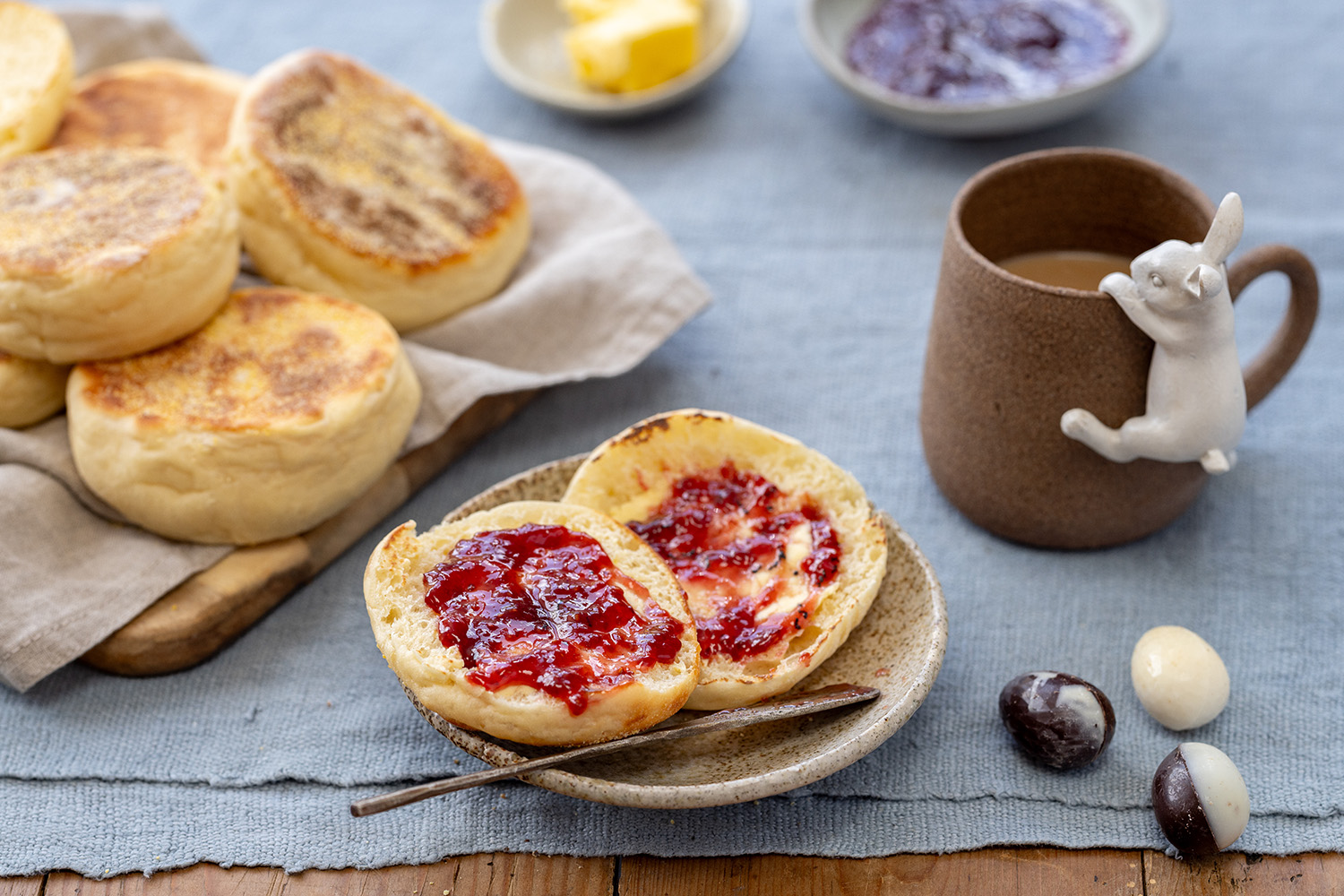 Pillowy English muffins pair perfectly with butter, cream, jam and melted chocolate. Photo / Babiche Martens