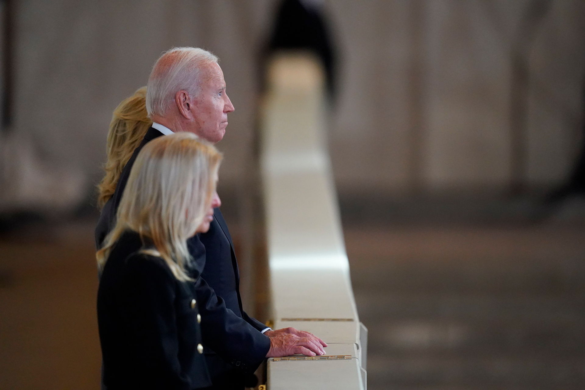 US President Joe Biden and First Lady Jill Biden view the coffin of Queen Elizabeth II lying in state. Photo / AP