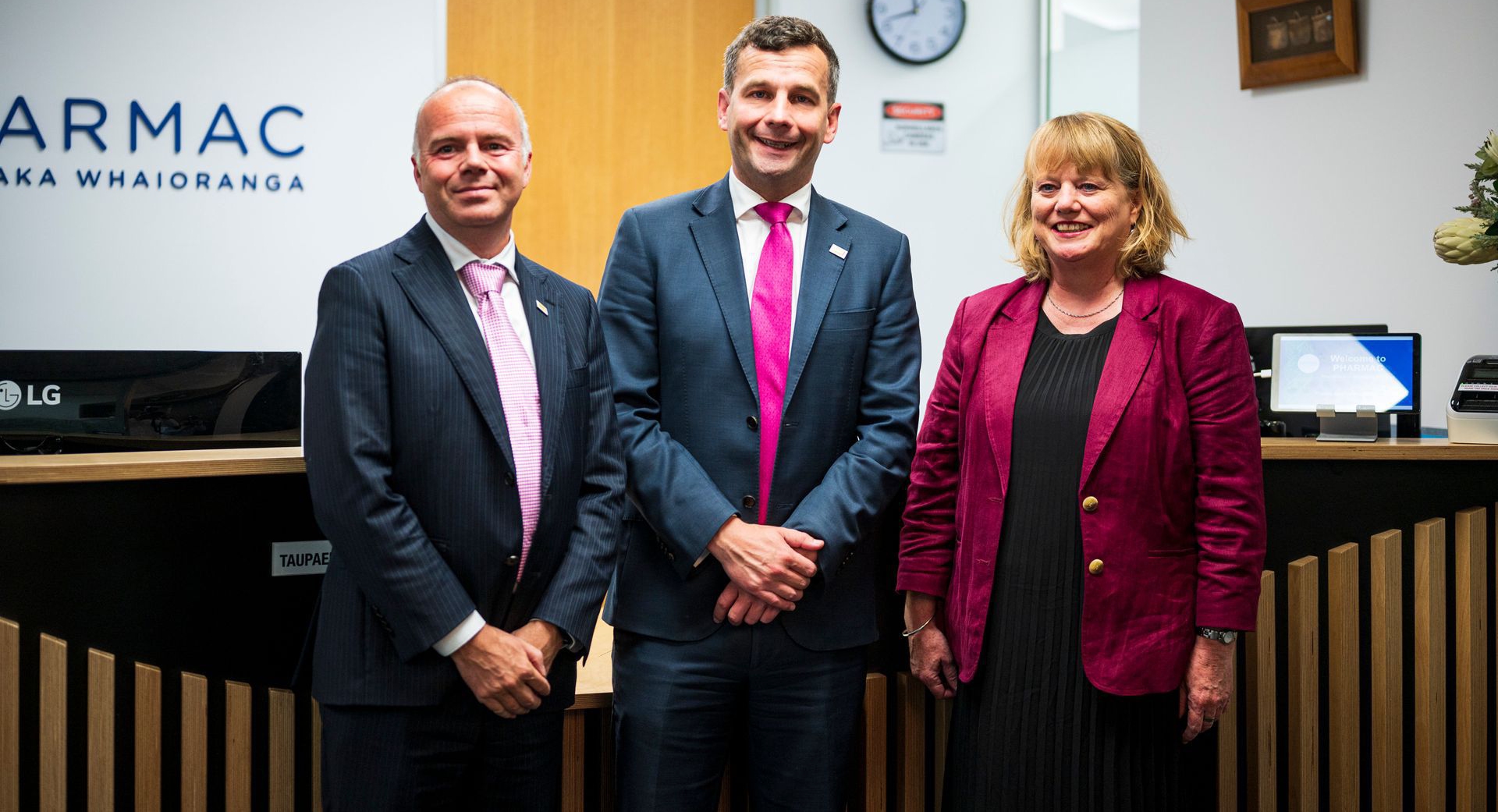 Act MP and new Parliamentary Private Secretary Todd Stephenson, Associate Minister of Health David Seymour, and Pharmac chief executive Sarah Fitt.