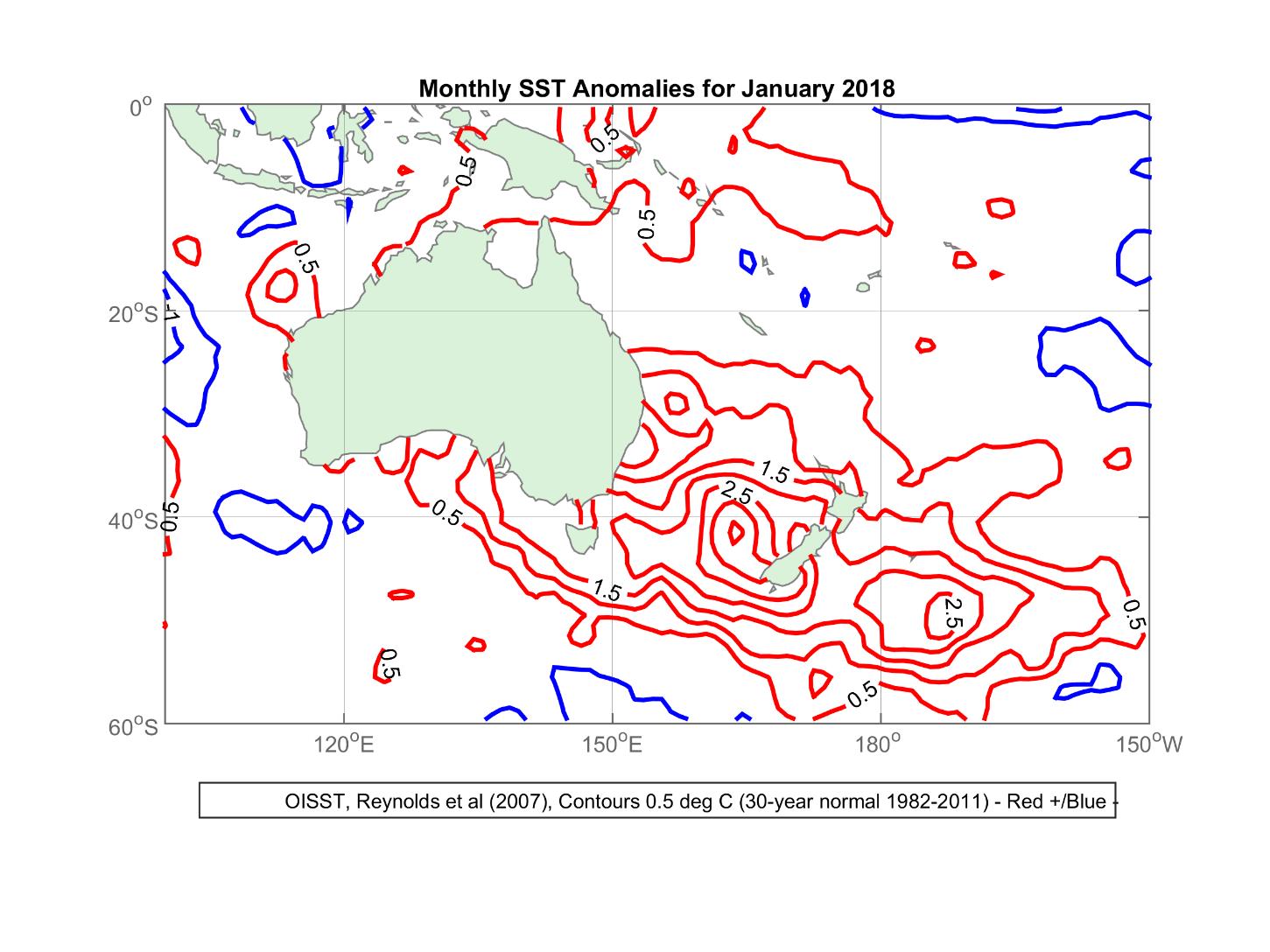 This graphic shows the dramatic anomalies in sea surface temperature around New Zealand this summer. Image / Supplied